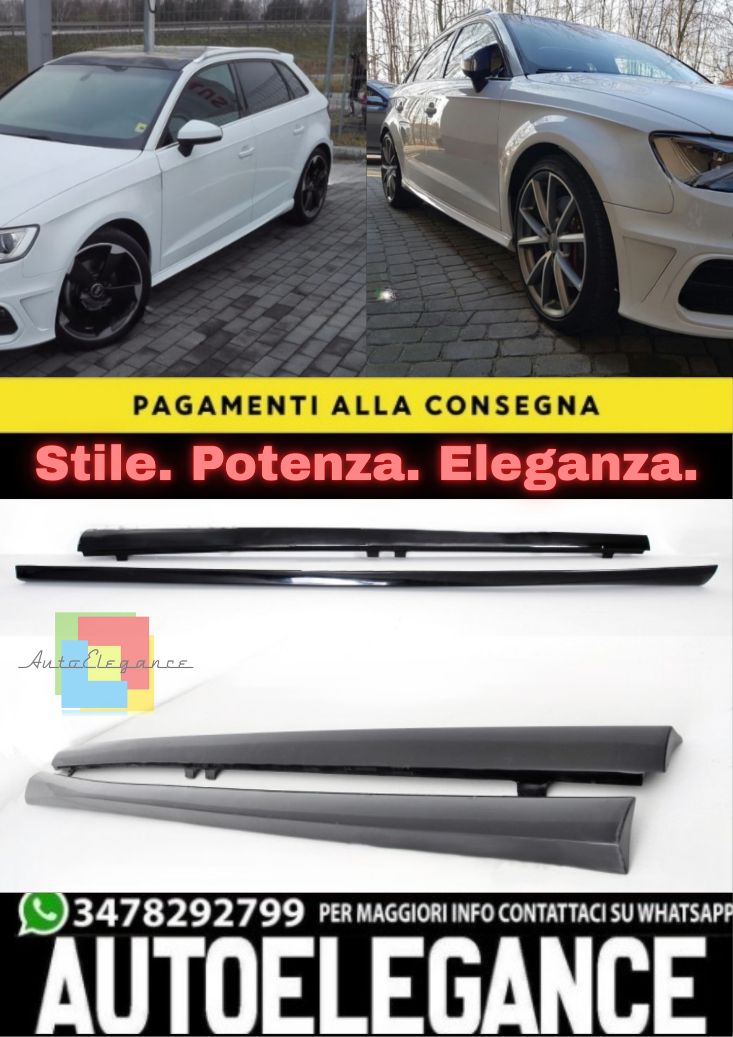 ⭐MINIGONNE LATERALI ADATTO PER AUDI A3 8V 5 PORTE 2012–2020⭐