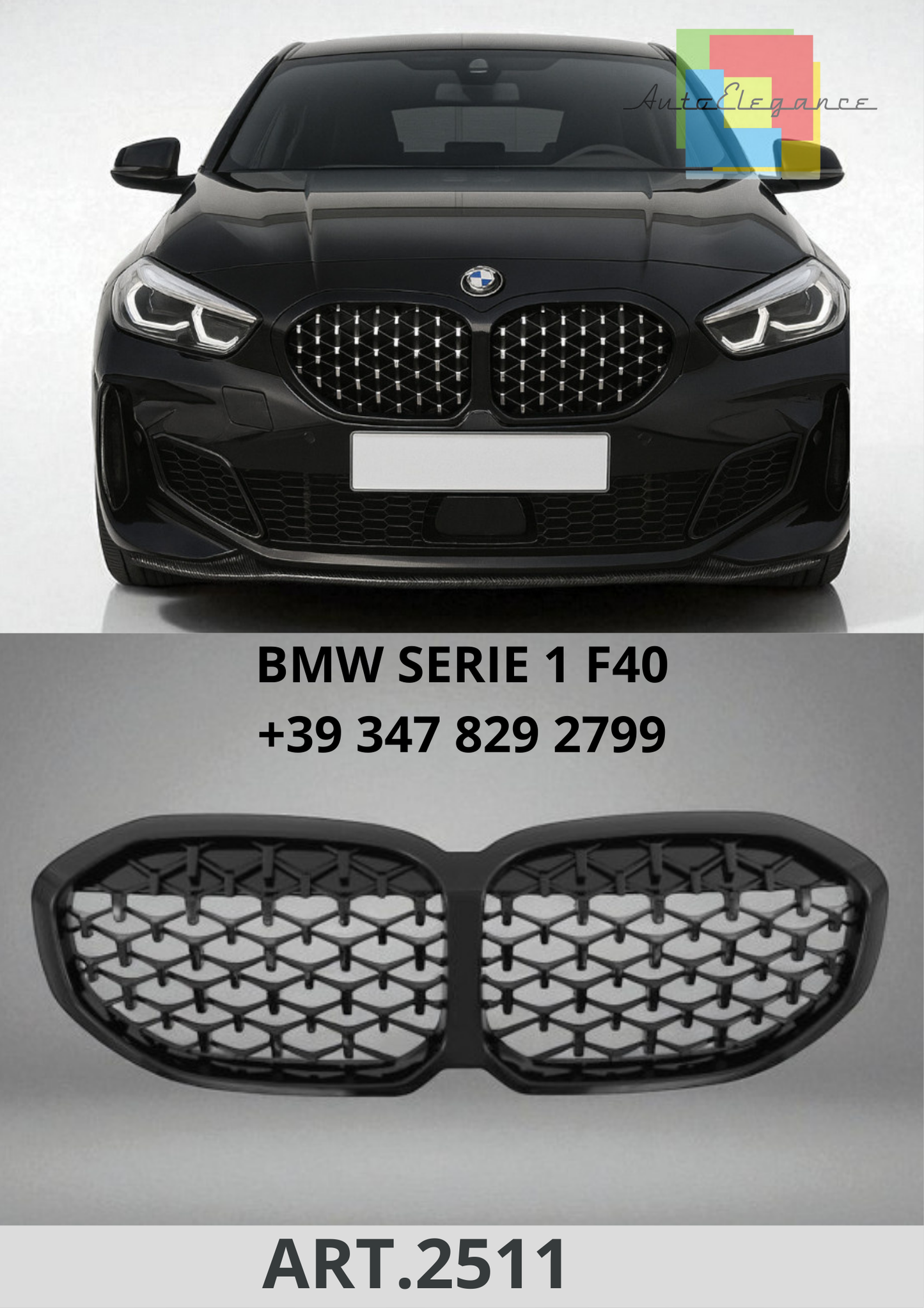 🔥 ART.2511 Griglia Radiatore Diamond Nero Lucido per BMW Serie 1 F40🔥