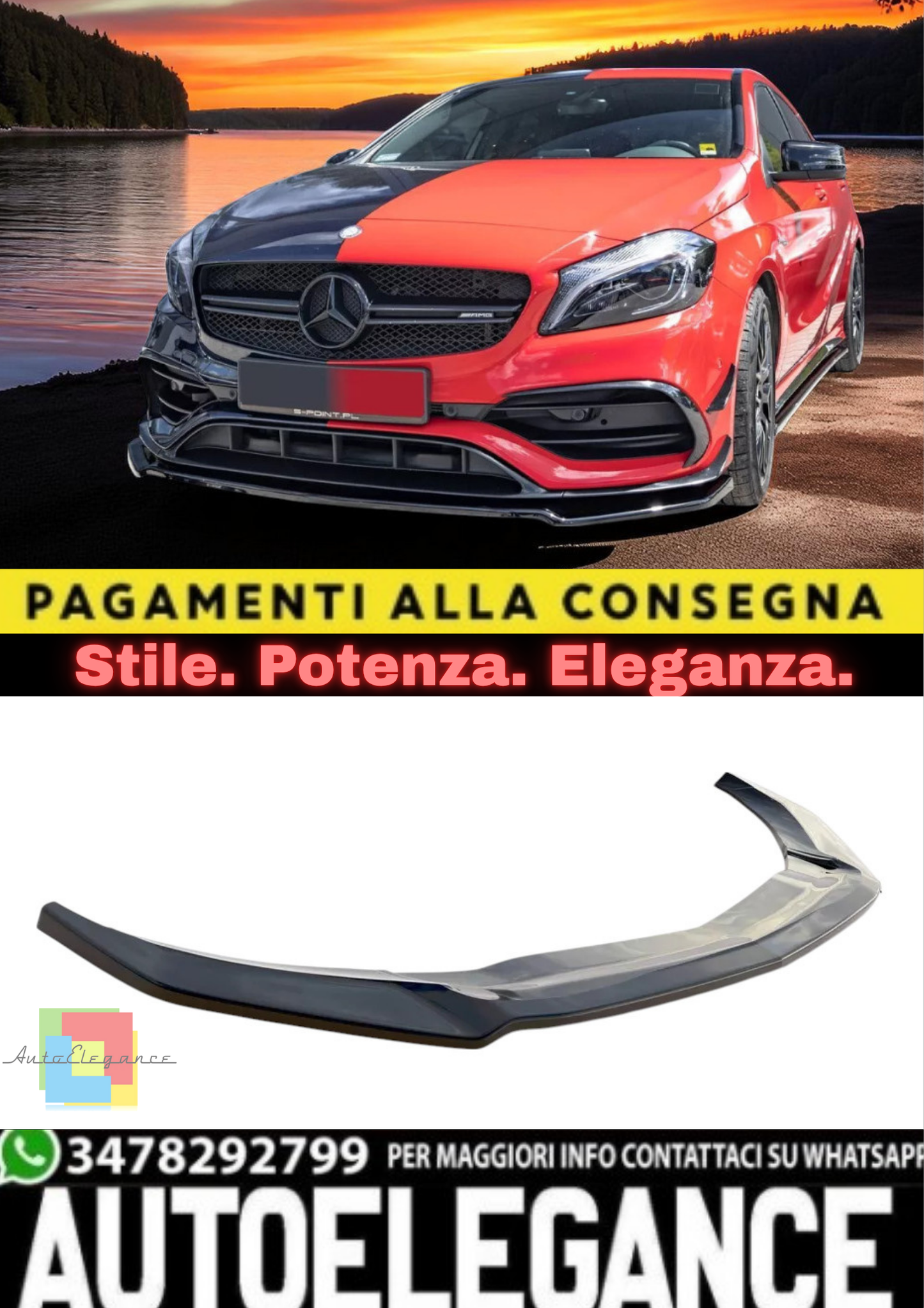 🔥Splitter Anteriore V2 in ABS Nero Lucido per Mercedes A45 AMG W176  🔥