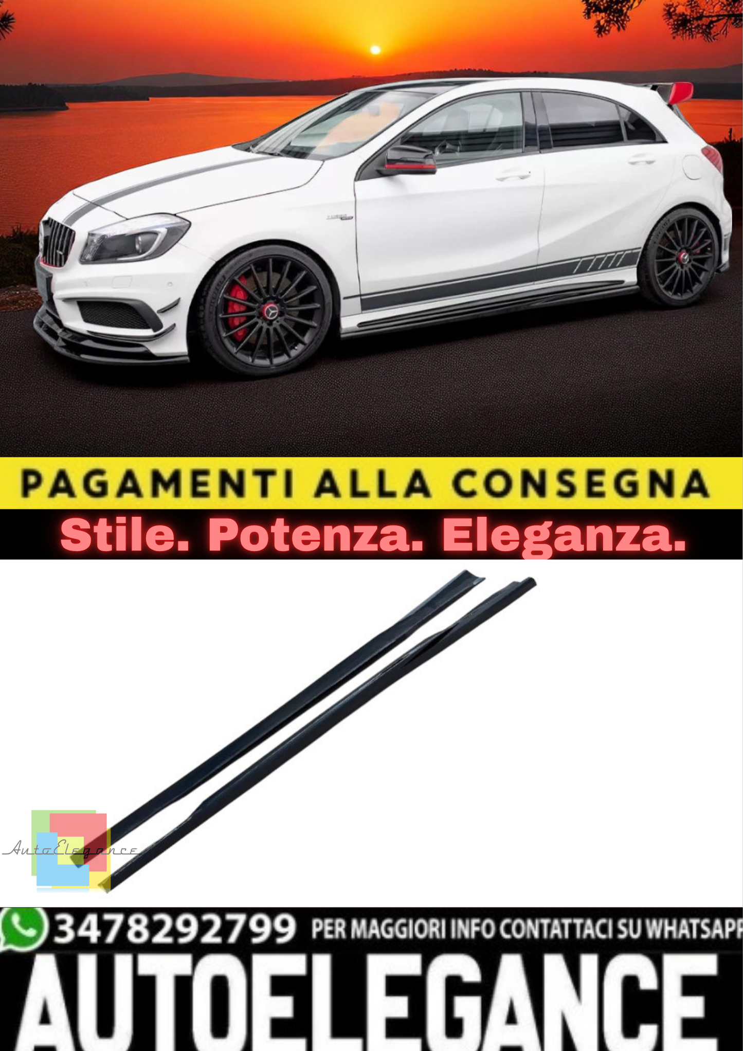 🔥SOTTO MINIGONNE Laterali in ABS Nero Lucido per Mercedes A45 AMG W176 🔥