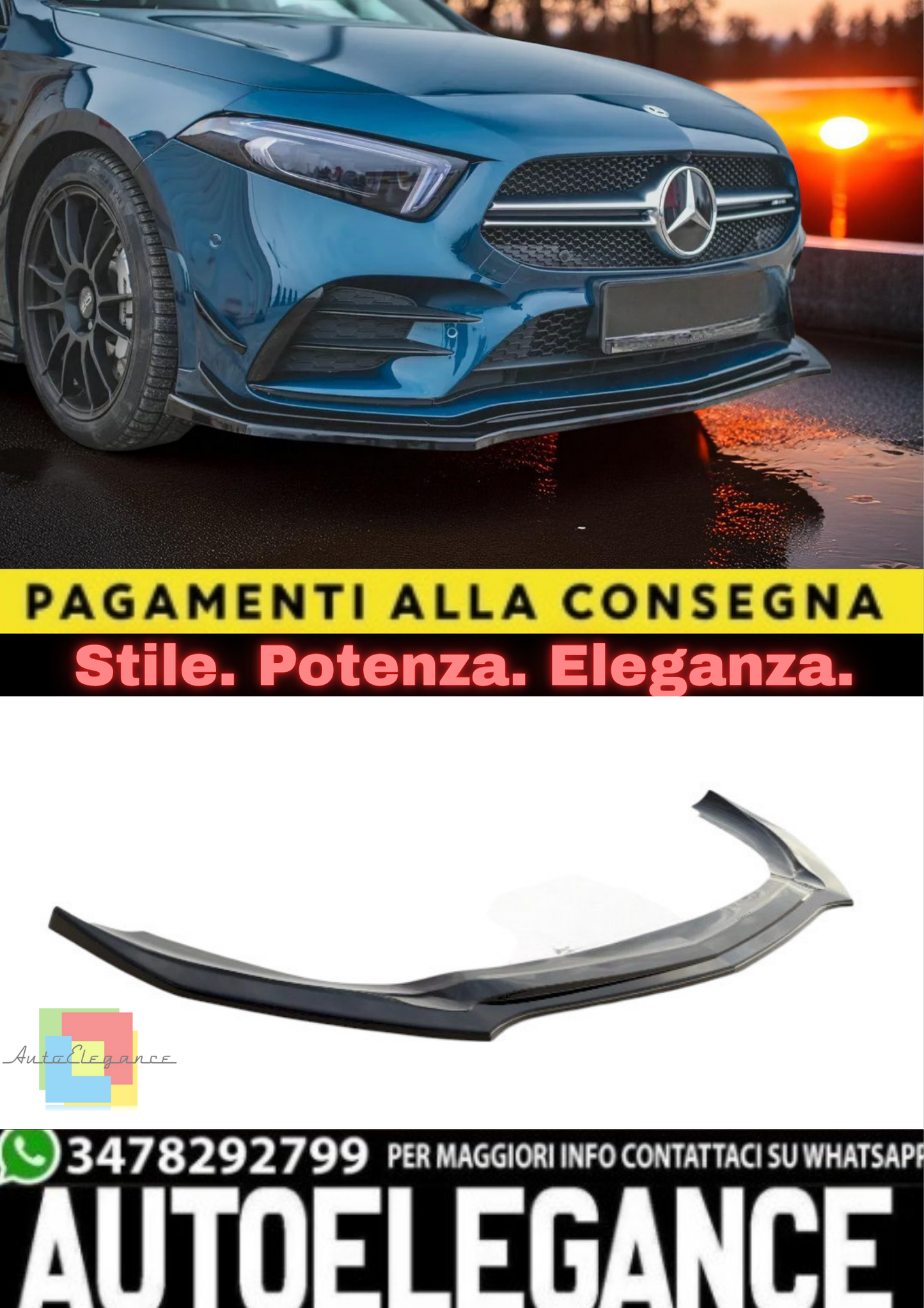 🔥Splitter Anteriore V2 in ABS Nero Lucido per Mercedes A35 AMG W177🔥