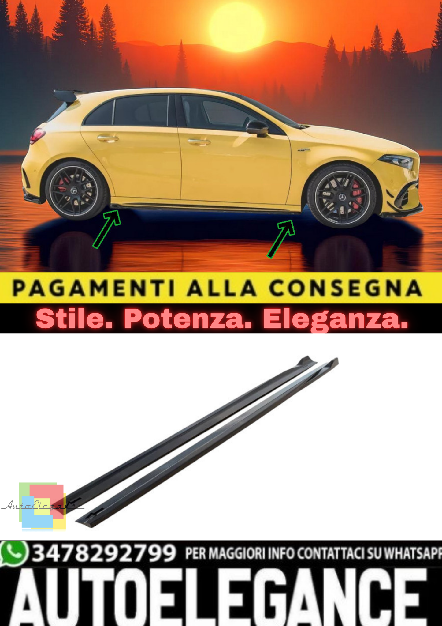 🔥 Sotto Minigonne Laterali in ABS Nero Lucido per Mercedes-AMG A45 S W177🔥
