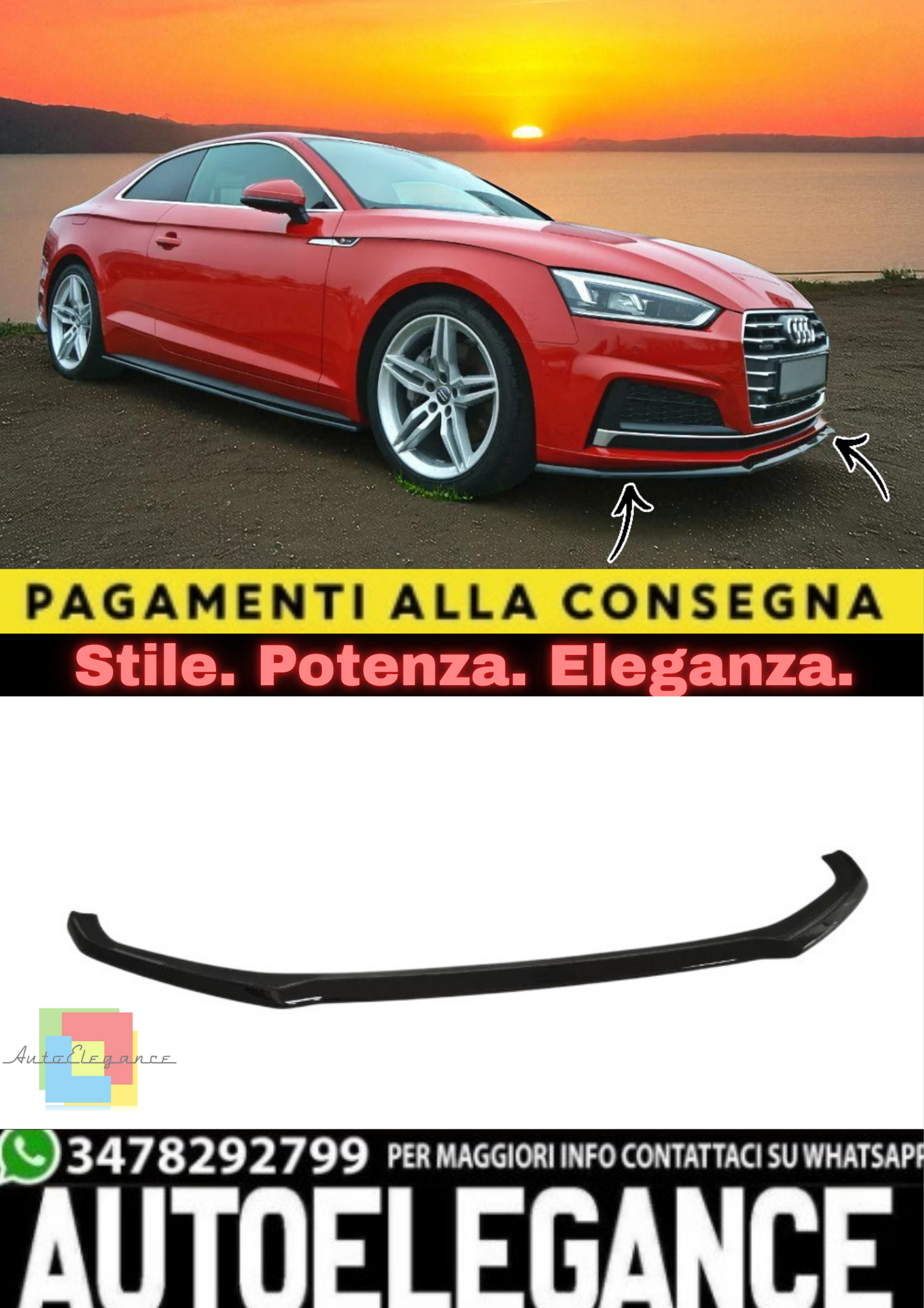 ✨Splitter Anteriore V2 in ABS Nero Lucido per Audi A5 F5 S-Line (2016–2023)✨