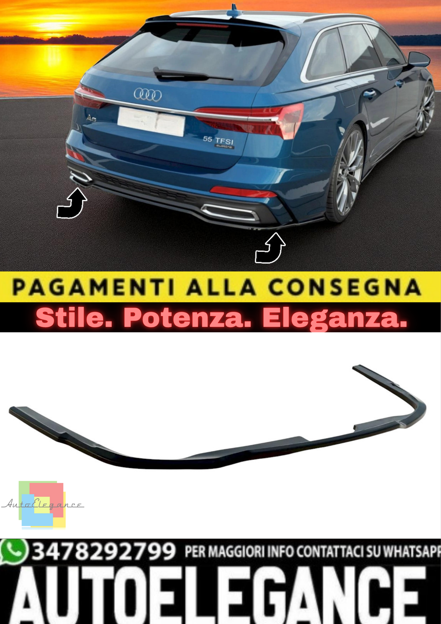 ✨Splitter Posteriore Centrale in ABS Nero Lucido per Audi A6 C8 Avant S-Line ✨