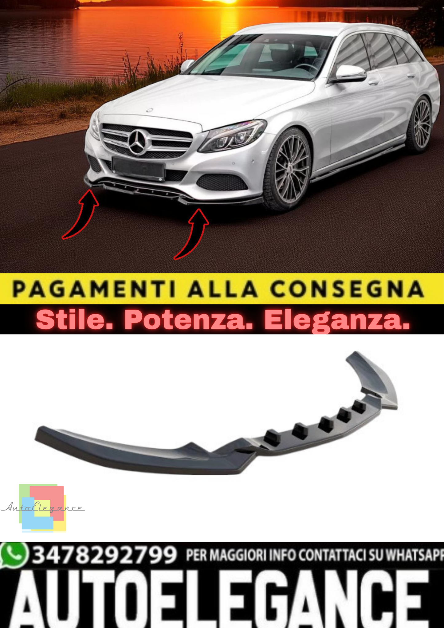 🔥Splitter Anteriore Nero Lucido in ABS per Mercedes Classe C W205 (2014–2018)🔥