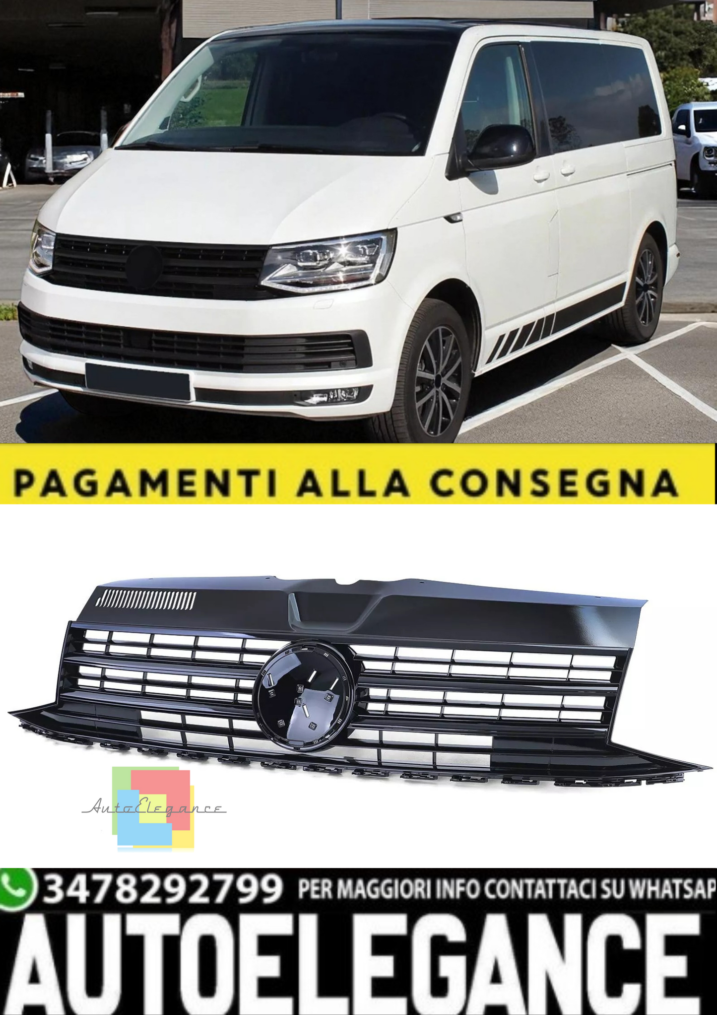 💫Griglia Anteriore Nero Lucido per VW T6 Bus / Transporter 2015–2019💫