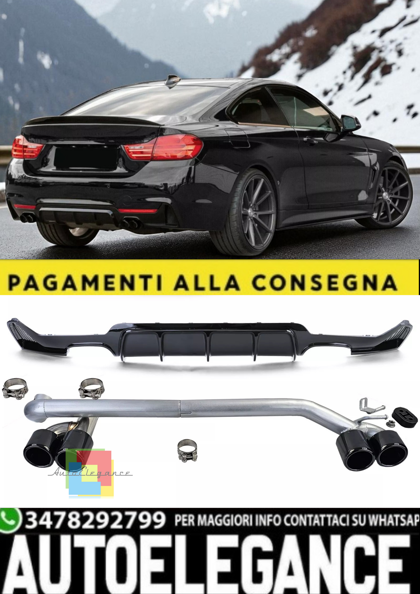 💫Diffusore Posteriore Nero Lucido + Terminali Scarico per BMW Serie 4 F32  💫