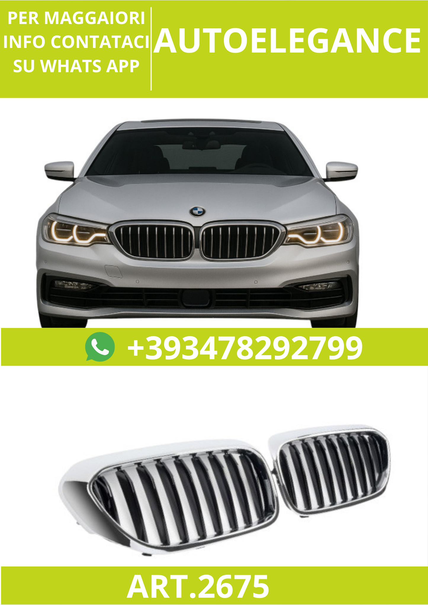 🔥ART.2675 Griglia Sportiva Nero Lucido con Cornice Cromo per BMW Serie 5 G30🔥
