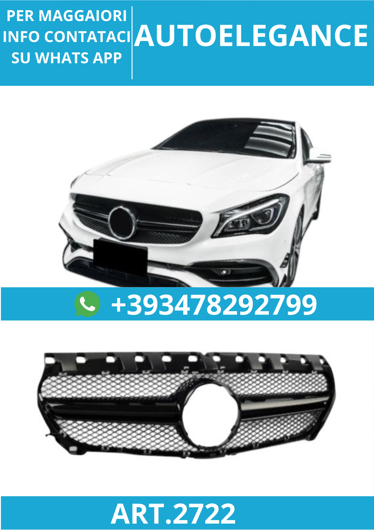 🔥ART.2722 Griglia Sportiva Tutta Nera per Mercedes C117 Classe CLA 🔥