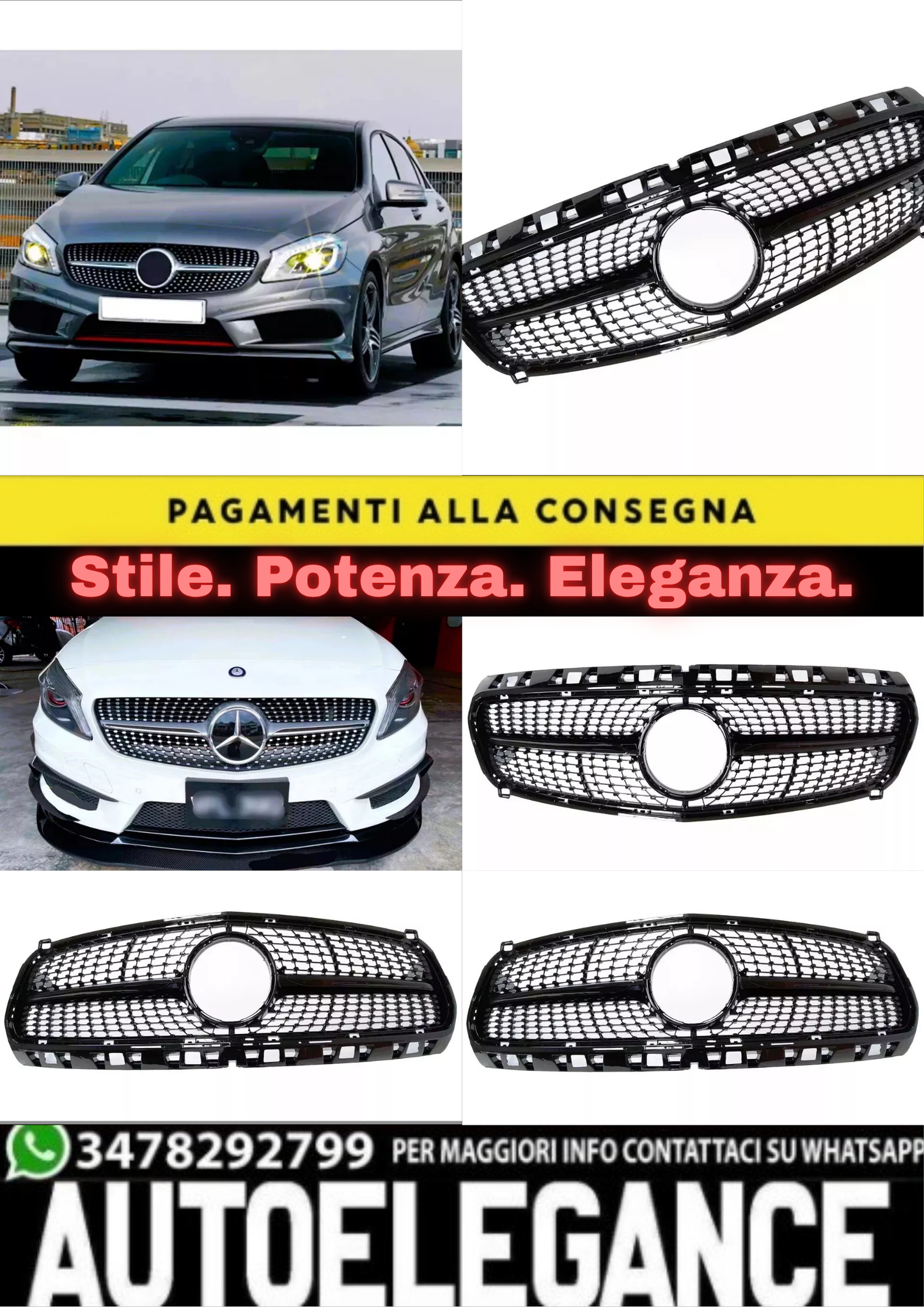 ✨Griglia anteriore Mercedes Classe A W176 in stile AMG DIAMOND nera lucida13-15✨