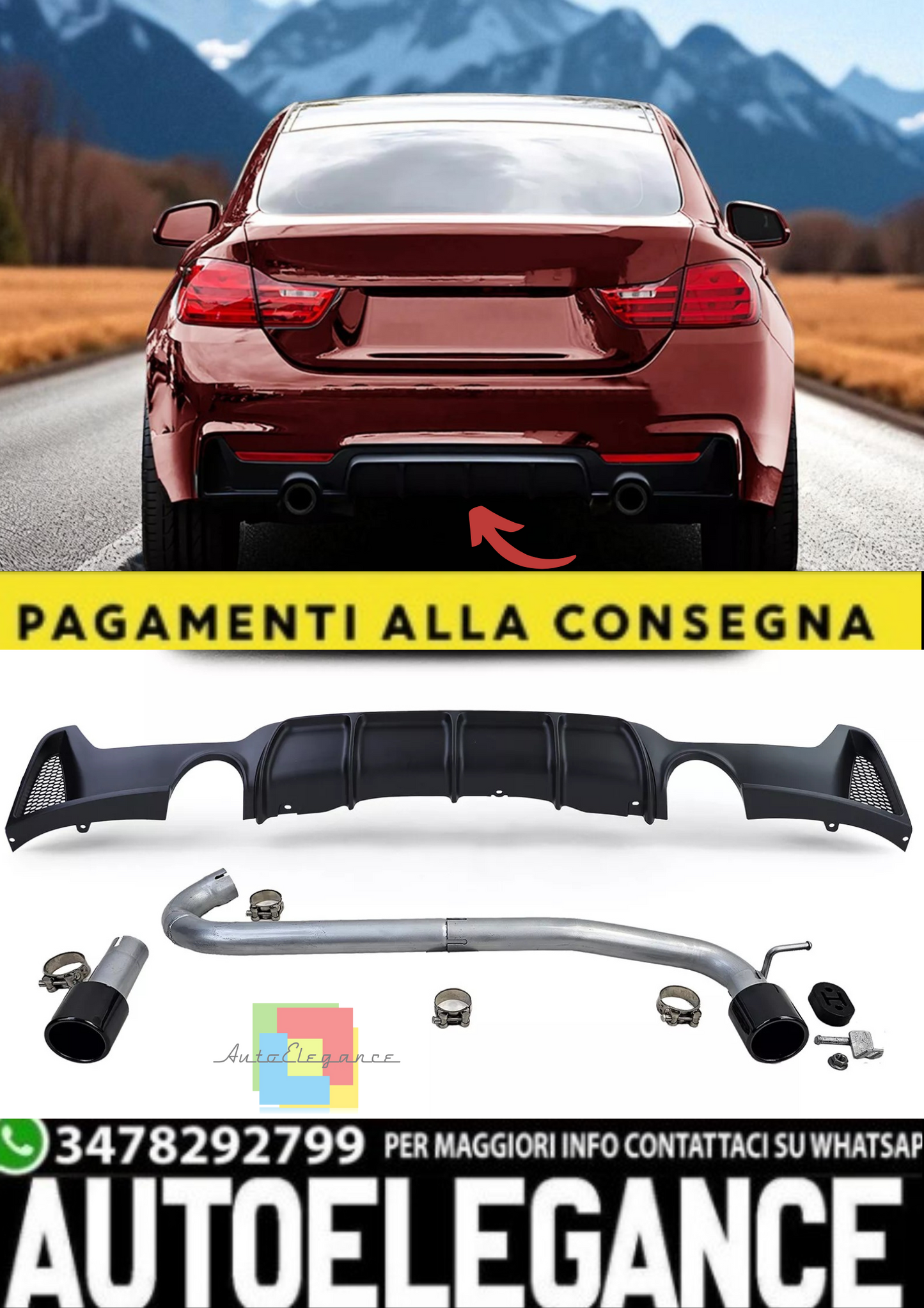 💫Diffusore Posteriore Nero + Terminale di Scarico Look 440i per BMW Serie 4💫