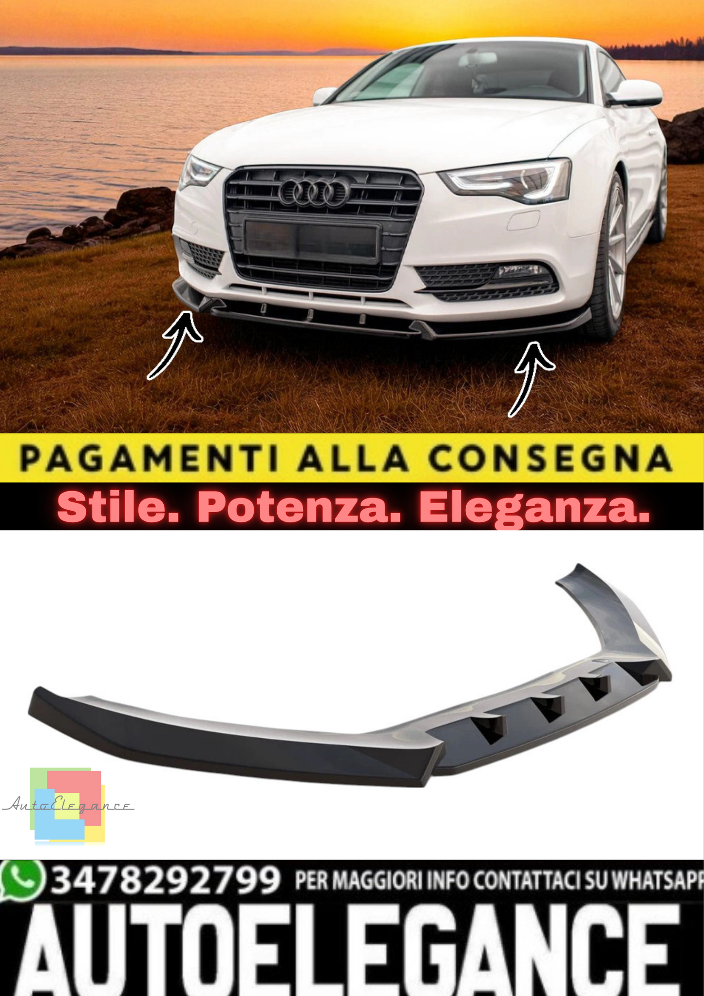 ✨Splitter Anteriore V1 in ABS Nero Lucido per Audi A5 8T Coupé Facelift (12–16)✨