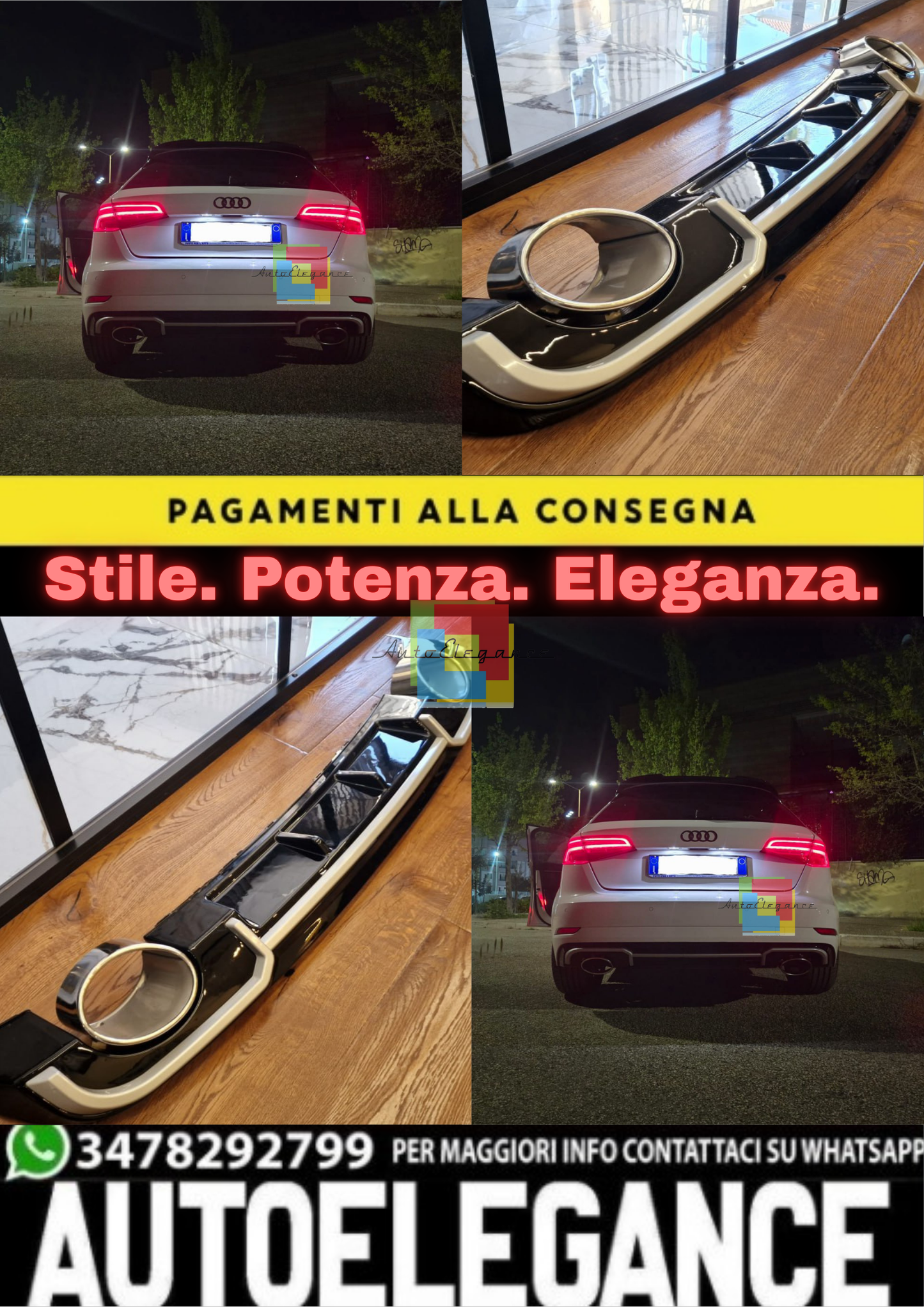 1967🔥DIFFUSORE ADATTO PER AUDI A3 8V 2016-2020 NERO LUCIDO PROFILI SATINATI🔥