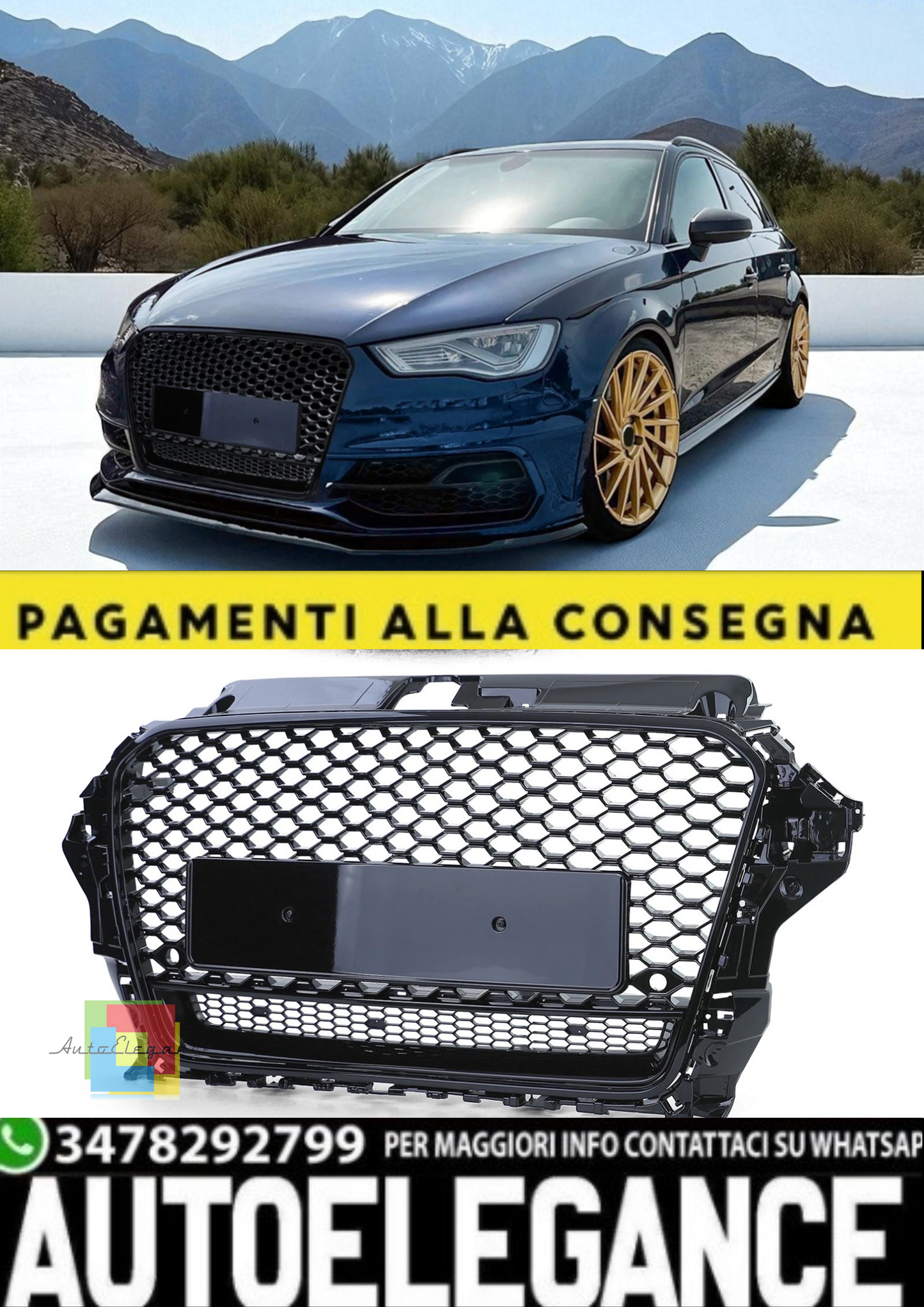 💫Griglia Sportiva a Nido d’Ape Nero Lucido per Audi A3 8V (2012–2016)💫