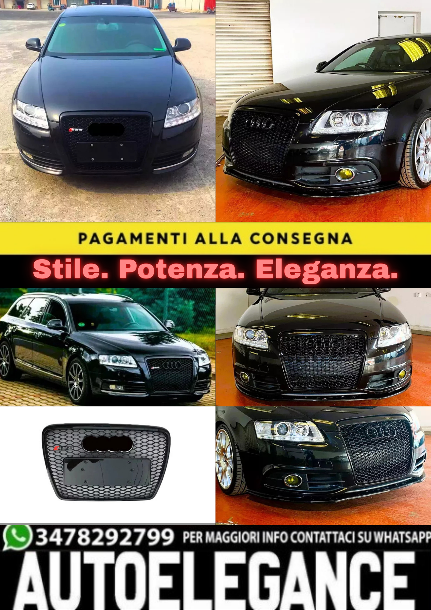 ✨Griglia Audi RS6 Style A6 S6 C6, griglia a nido d'ape nera lucida 05-12✨