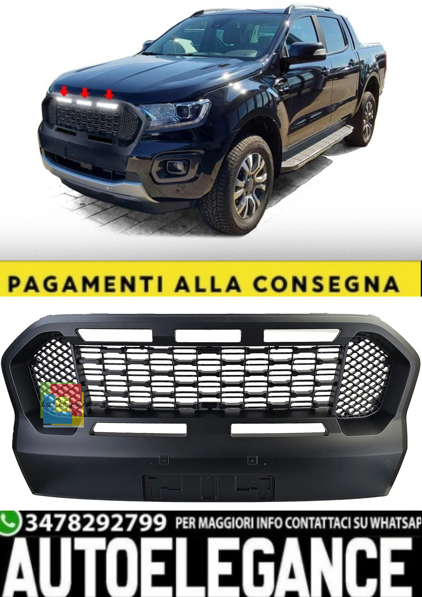 💫Griglia a Nido d’Ape Performance Black con LED per Ford Ranger T8(2019–2023)💫