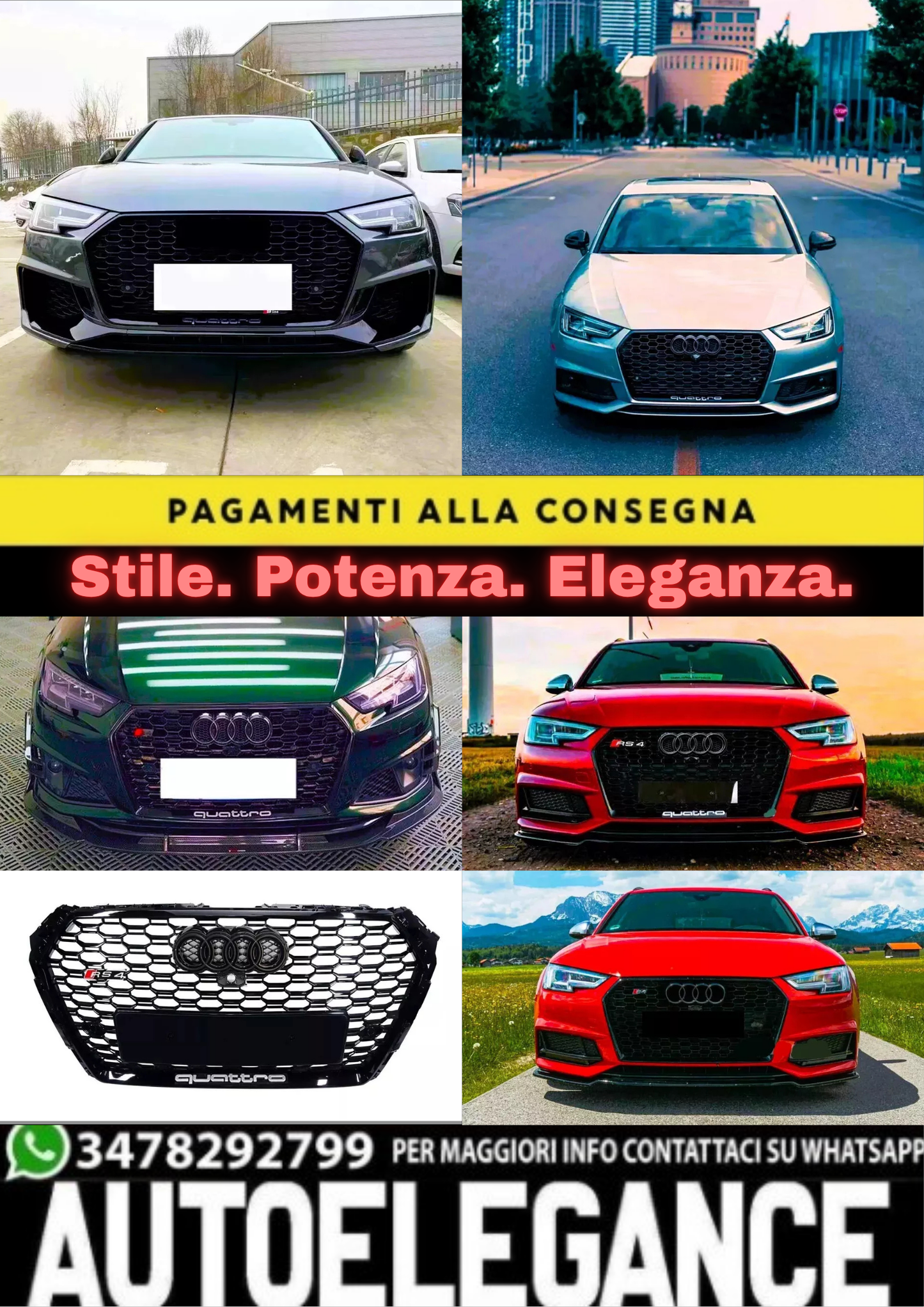 ✨Griglia Audi RS4 Style A4 S4 B9, griglia a nido d'ape nera lucida 17-19✨