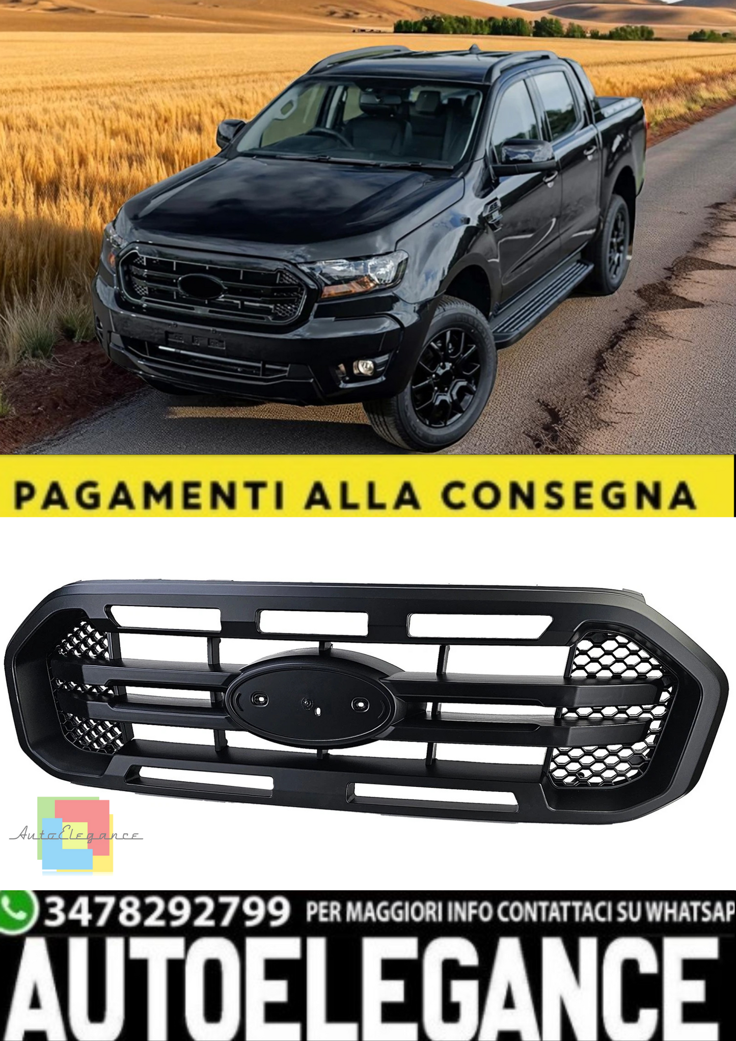 💫Calandra Sportiva Nera con Doppia Barra per Ford Ranger T8 (2019–2023)💫