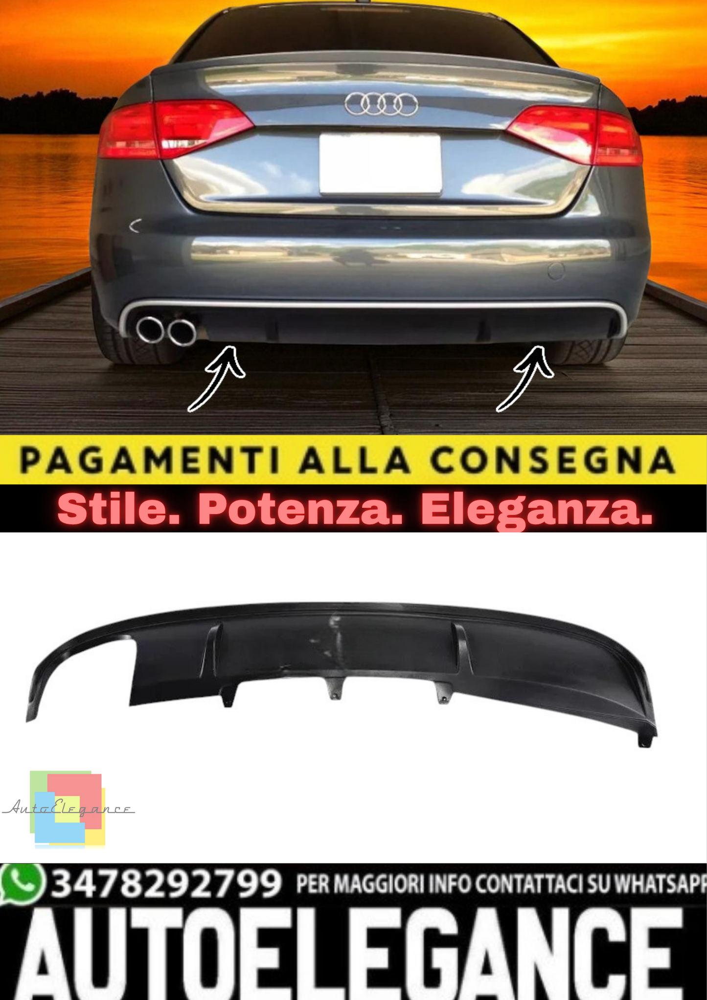 ✨Diffusore Posteriore per Paraurti Audi A4 B8 (2007–2012) Non S-Line – Sedan ✨