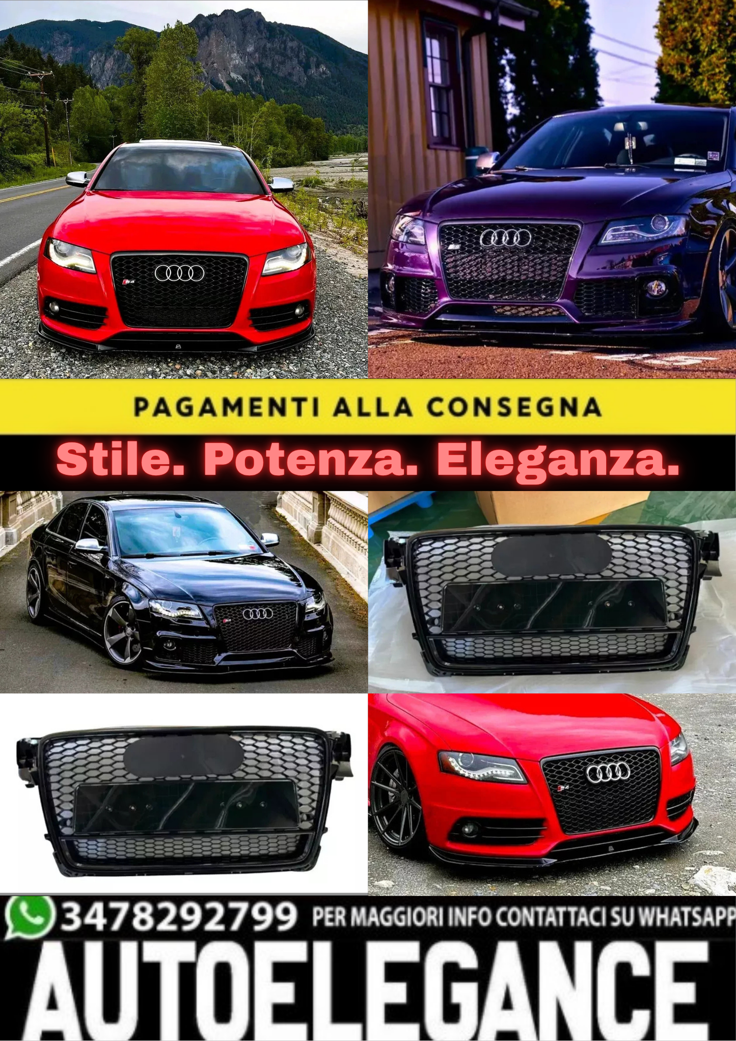 ✨Griglia anteriore Audi RS4 Style A4 S4 B8, griglia a nido nera lucida 08-12✨