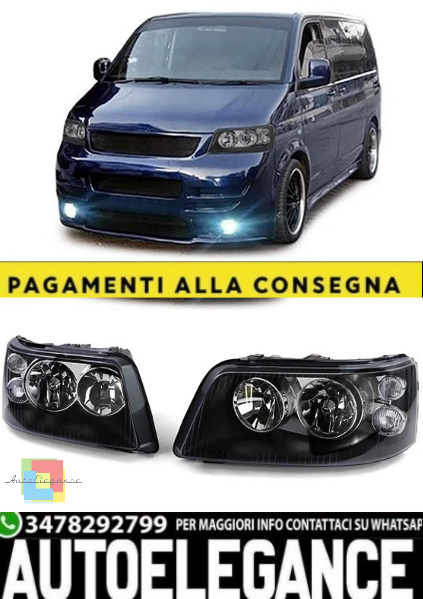 💫 Faro Anteriore H7/H1 Nero in Vetro Trasparente con Motore LWR per VW Bus T5💫