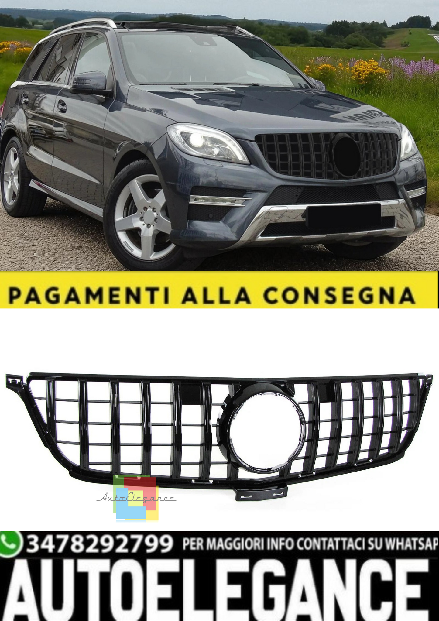 💫Griglia Anteriore Sportiva Nero Lucido per Mercedes-Benz ML W166 (2011–2015)💫