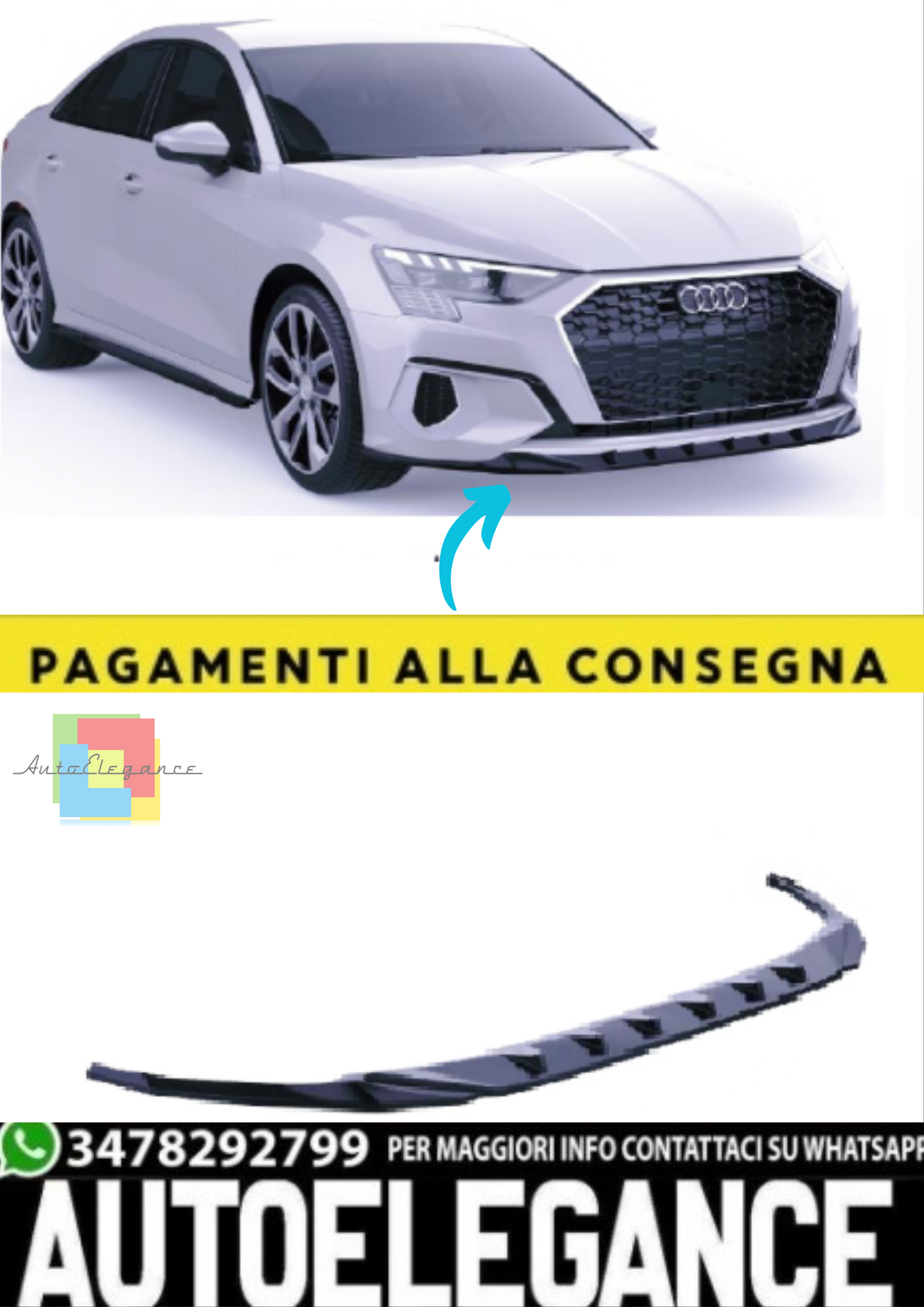 💫Splitter Anteriore per Audi A3 8Y Sedan (2020–2024) – Nero Lucido💫