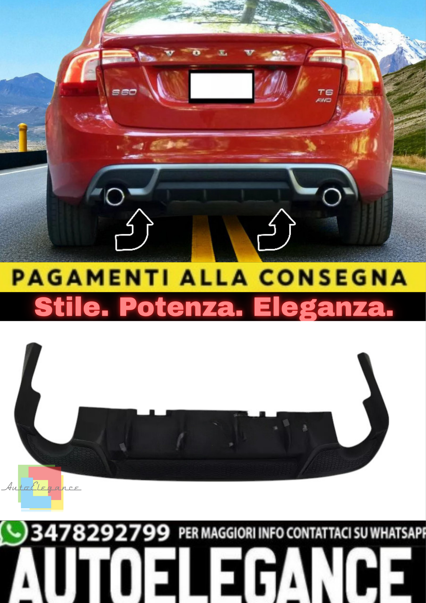 🔥Diffusore Posteriore per Volvo S60 / V60 (2010–2018) – Paraurti Sportivo 🔥