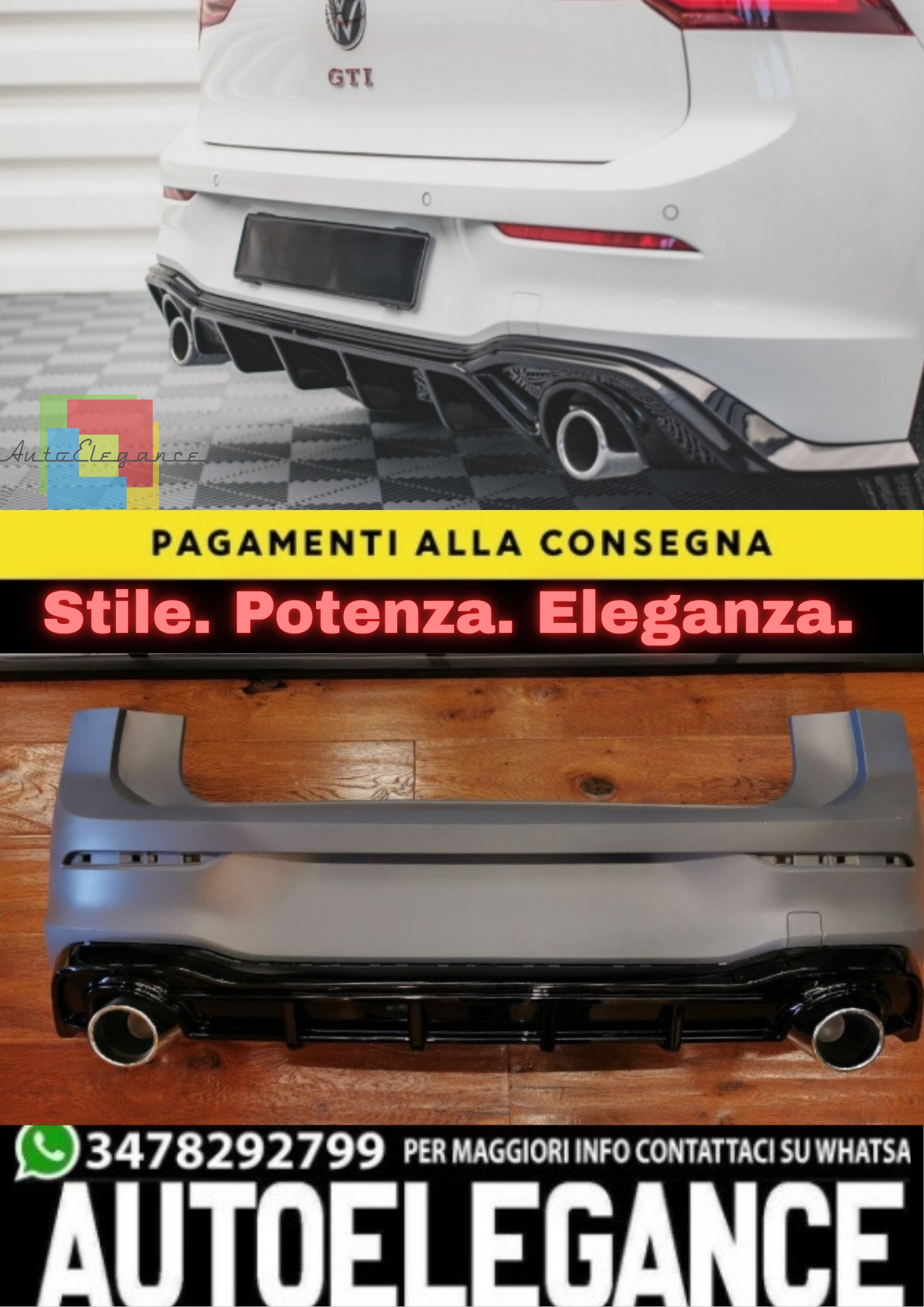 🔥DIFFUSORE POSTERIORE VW GOLF 8 19+ SOTTO PARAURTI TERMINALI GTI ABS 1+1🔥