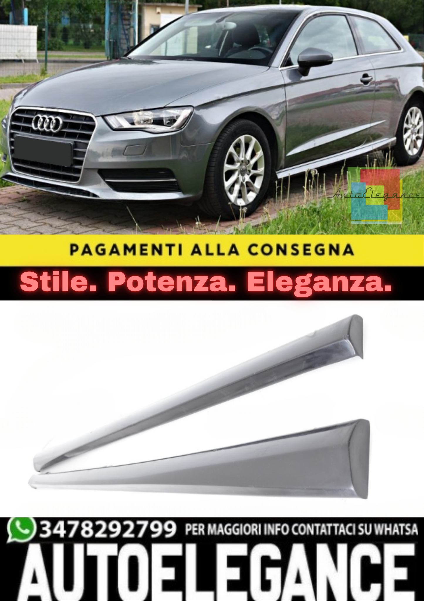 🔥MINIGONNE LATERALI SPOILER ADATTO PER AUDI A3 8V 3D 2012–2020🔥