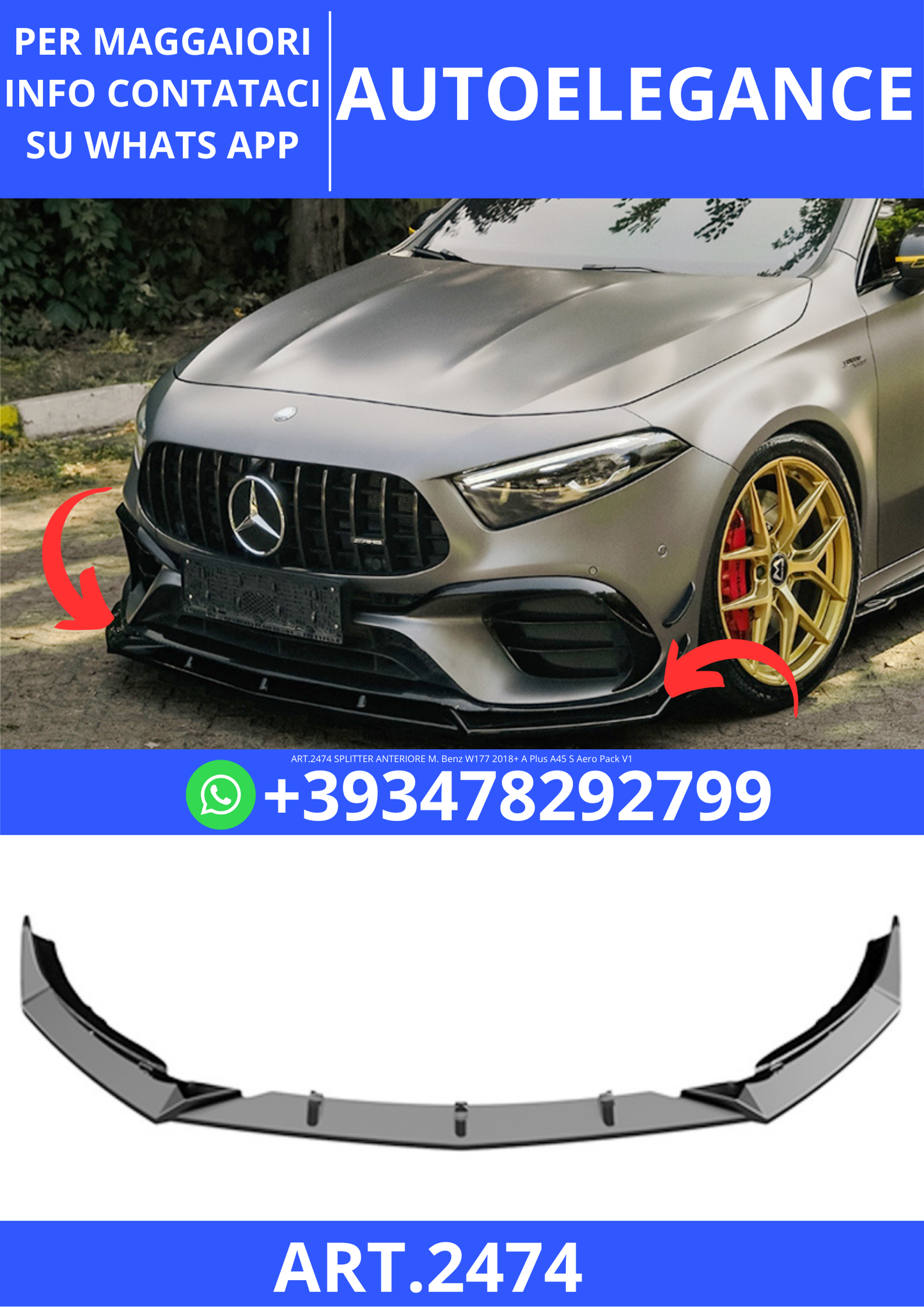 💫ART.2474 SPLITTER ANTERIORE M. Benz W177 2018+ A Plus A45 S Aero Pack V1 💫