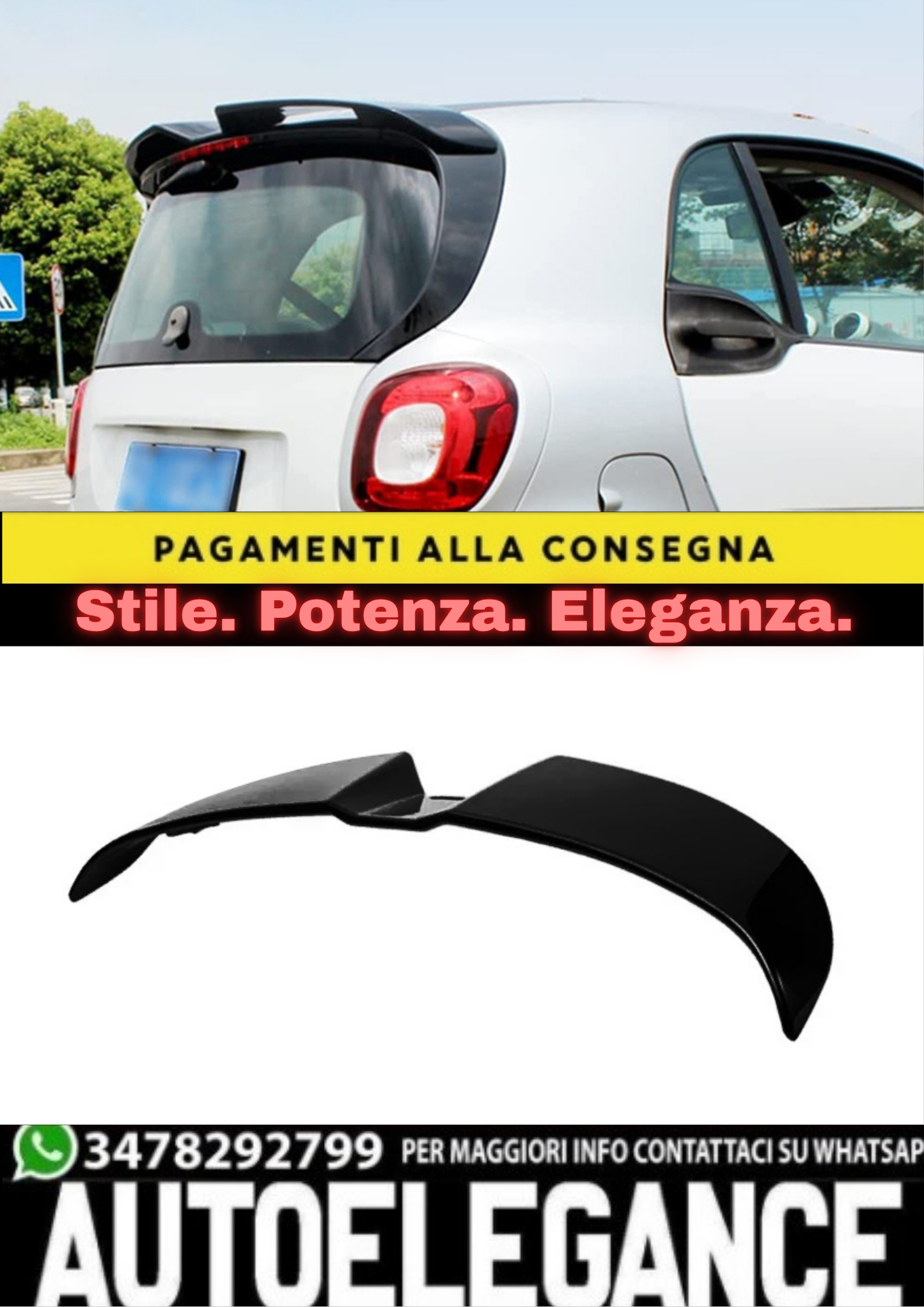 🔥SPOILER TETTO PER SMART FORTWO (453) COUPÉ BRABUS LOOK 2014–2020 NERO LUCIDO🔥