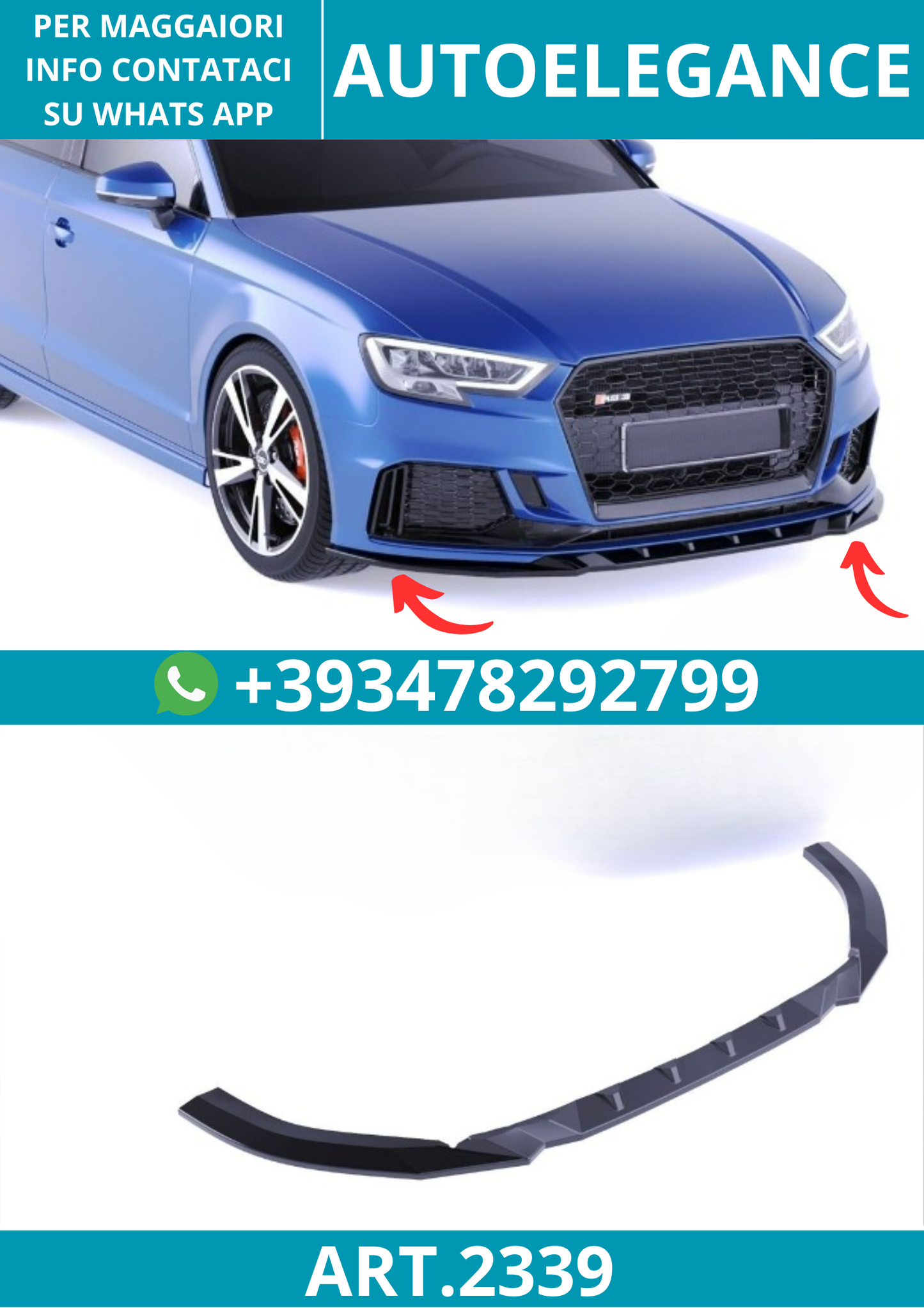 2339⭐Splitter anteriore adatto per Audi RS3 8V Facelift Sportback (2017–2019)⭐