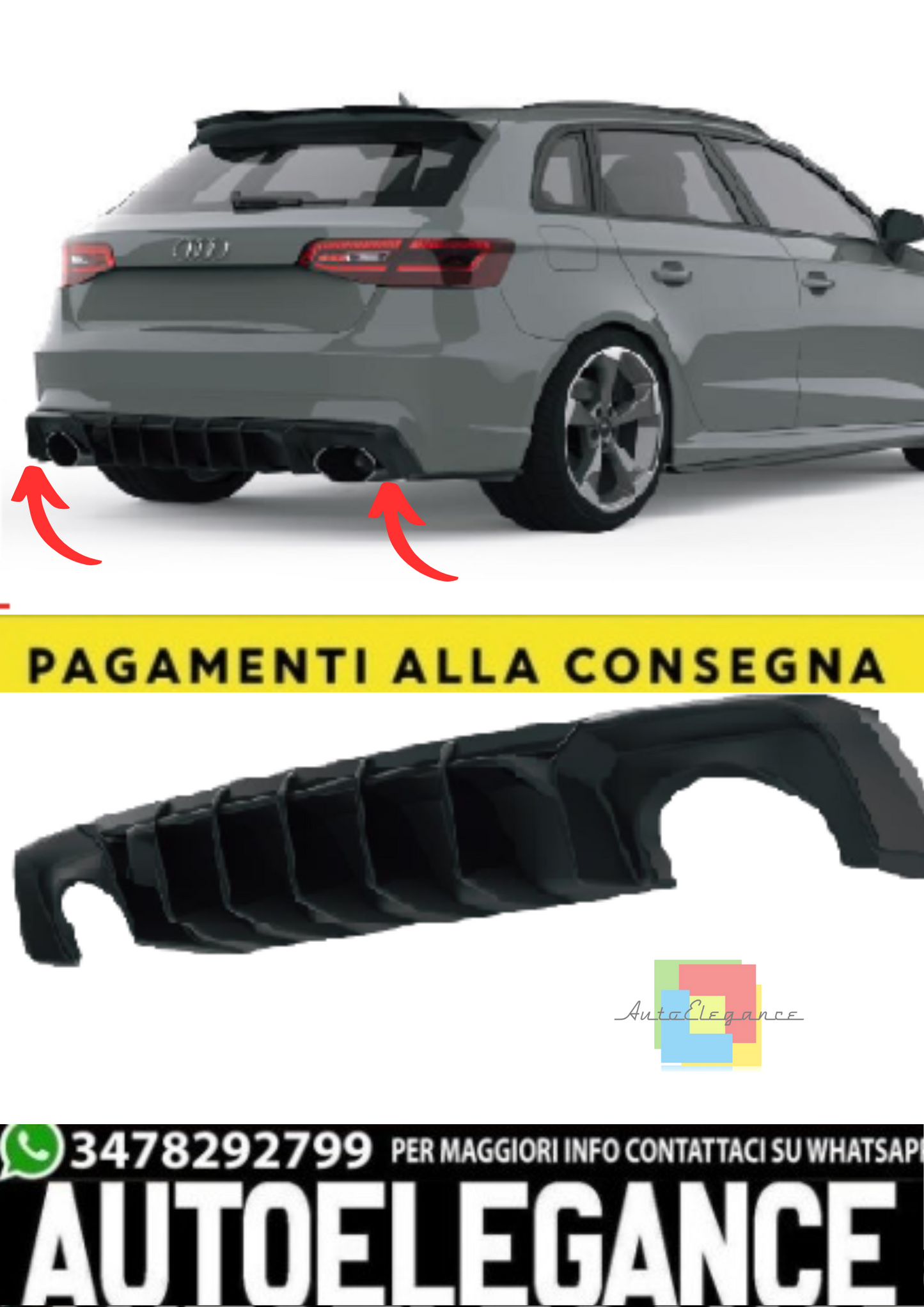 💫Diffusore Posteriore per Audi RS3 8V Sportback (2015–2016) – Nero Lucido💫