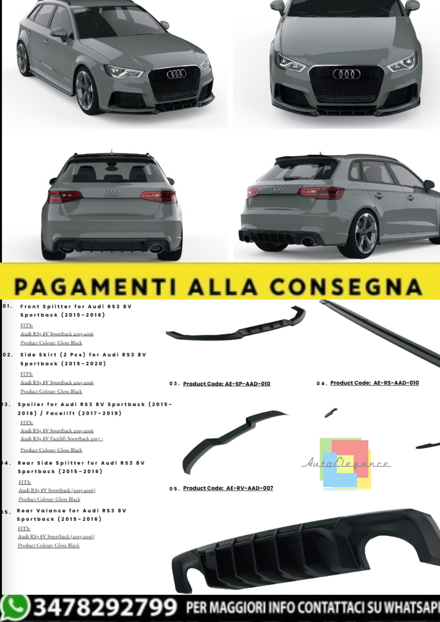 💫BODYKIT per Audi RS3 8V Sportback (2015–2016) – Nero Lucido / Look Sportivo💫