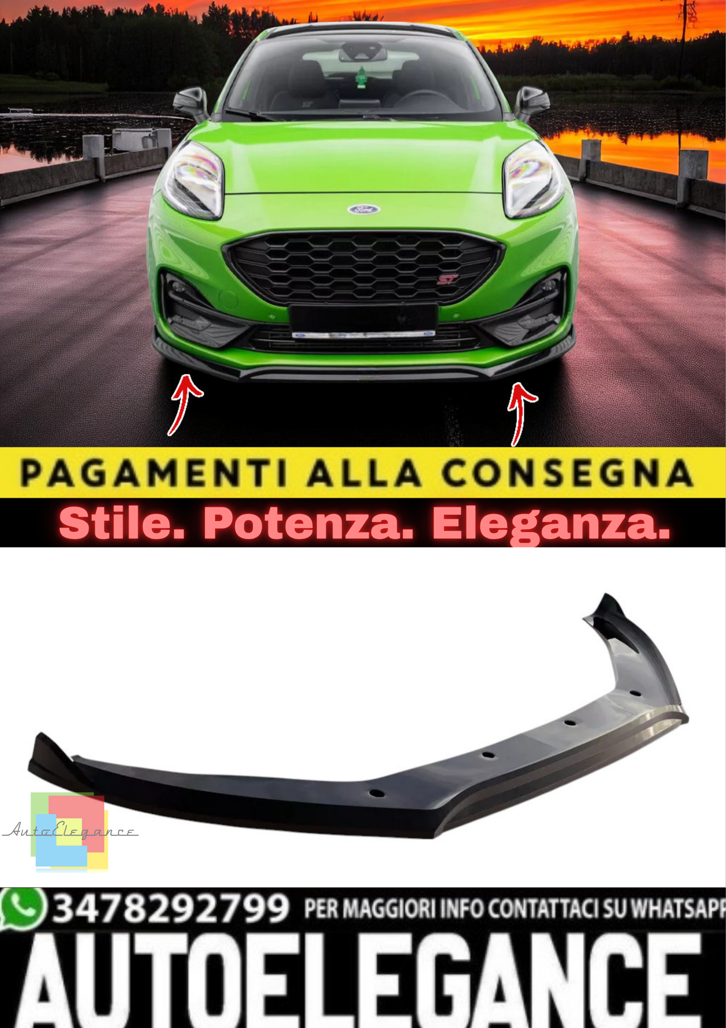 🔥Splitter Anteriore V2 in ABS Nero Lucido per Ford Puma ST🔥