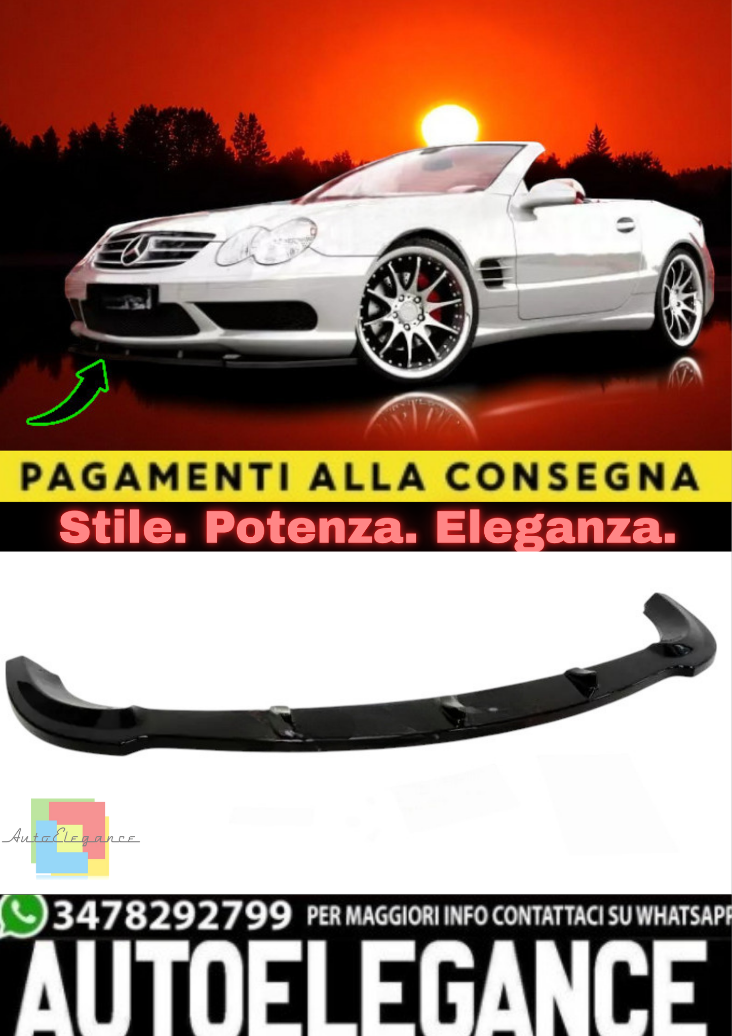 🔥Splitter Anteriore in ABS Nero Lucido per Mercedes SL R230 AMG 🔥