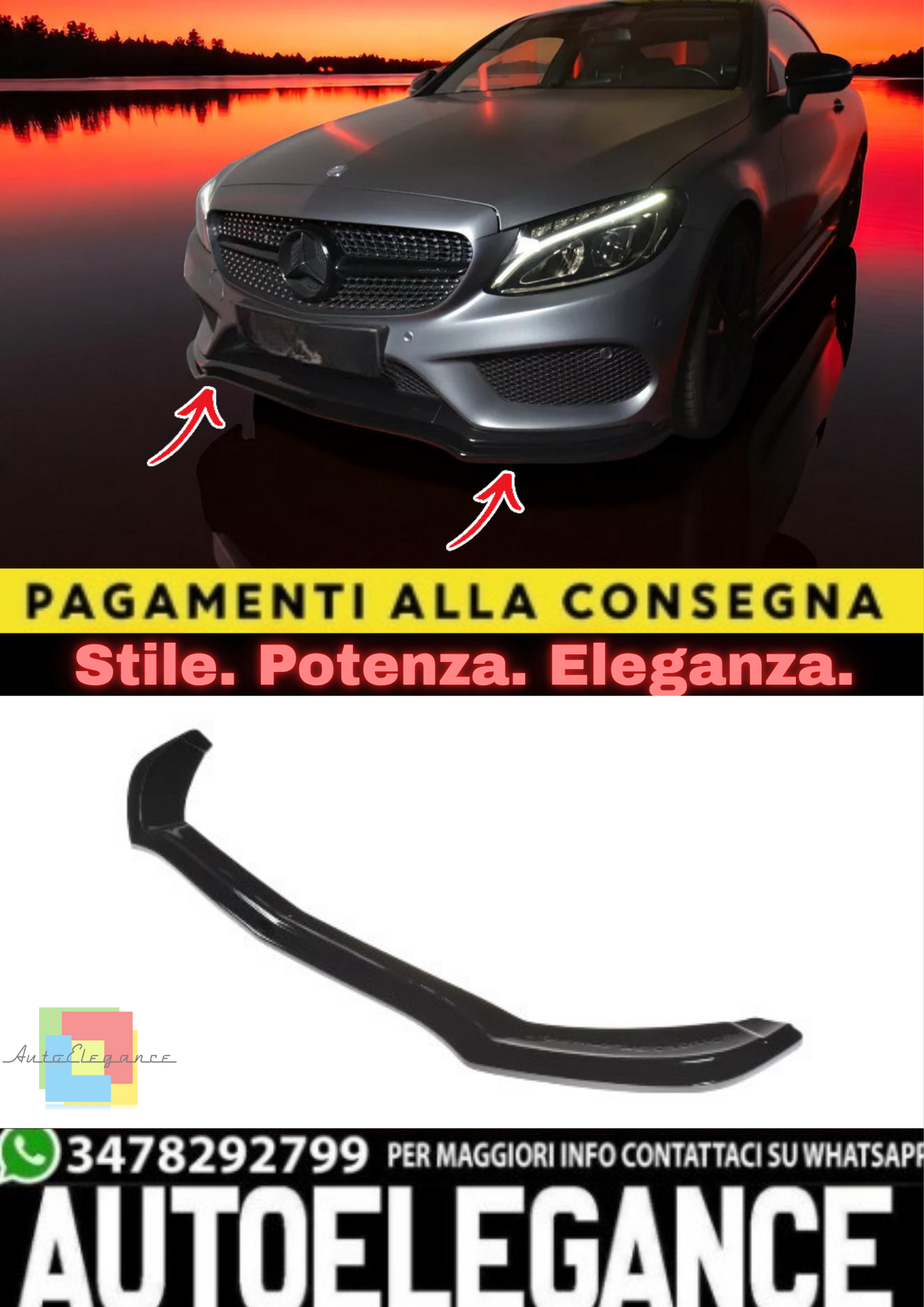 🔥Splitter Anteriore in ABS Nero Lucido per Mercedes Classe C Coupé W205 AMG🔥