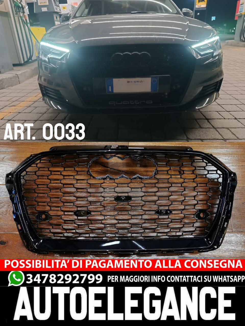 GRIGLIA ADATTA PER AUDI A3 8V 2017-2020 LOOK RS3 LOOK NERO LUCIDA 0033
