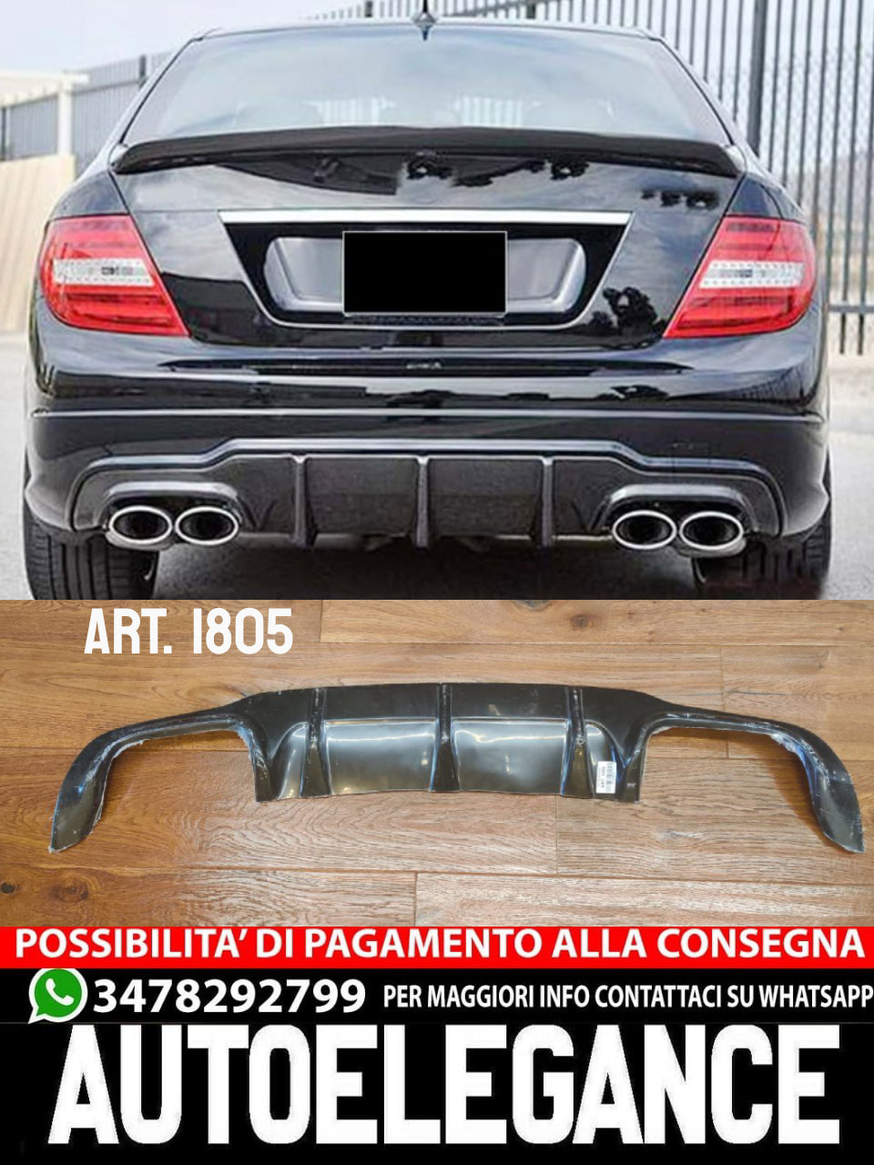 DIFFUSORE ADATTO PER MERCEDES-BENZ CLASSE C W204 2012-2014 AMG 2+2 NERO LUCIDO