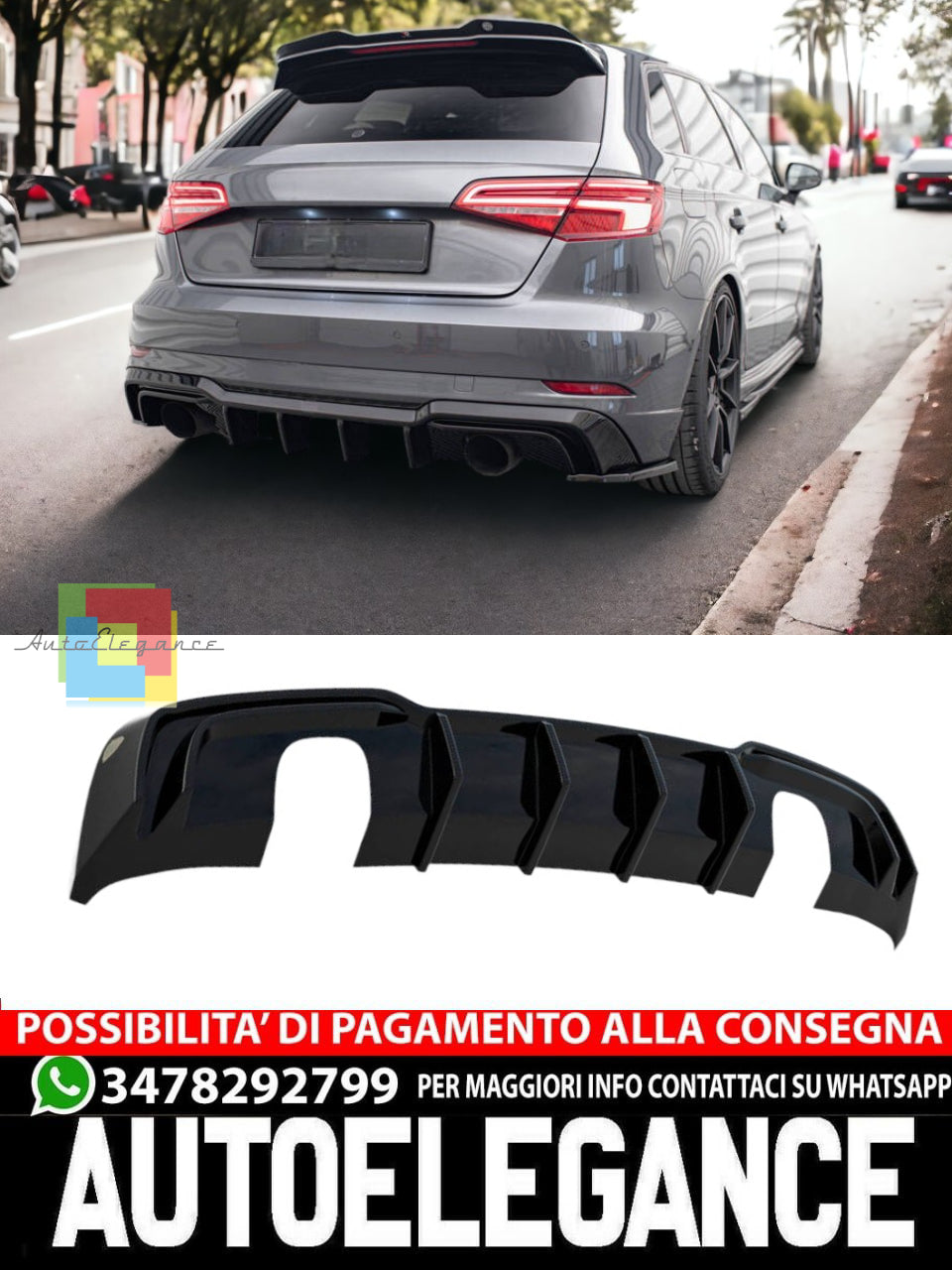 DIFFUSORE ADATTO PER AUDI A3 S-LINE SPORTACK SCARICHI SINGOLI SU ENTRAMBI I LATI