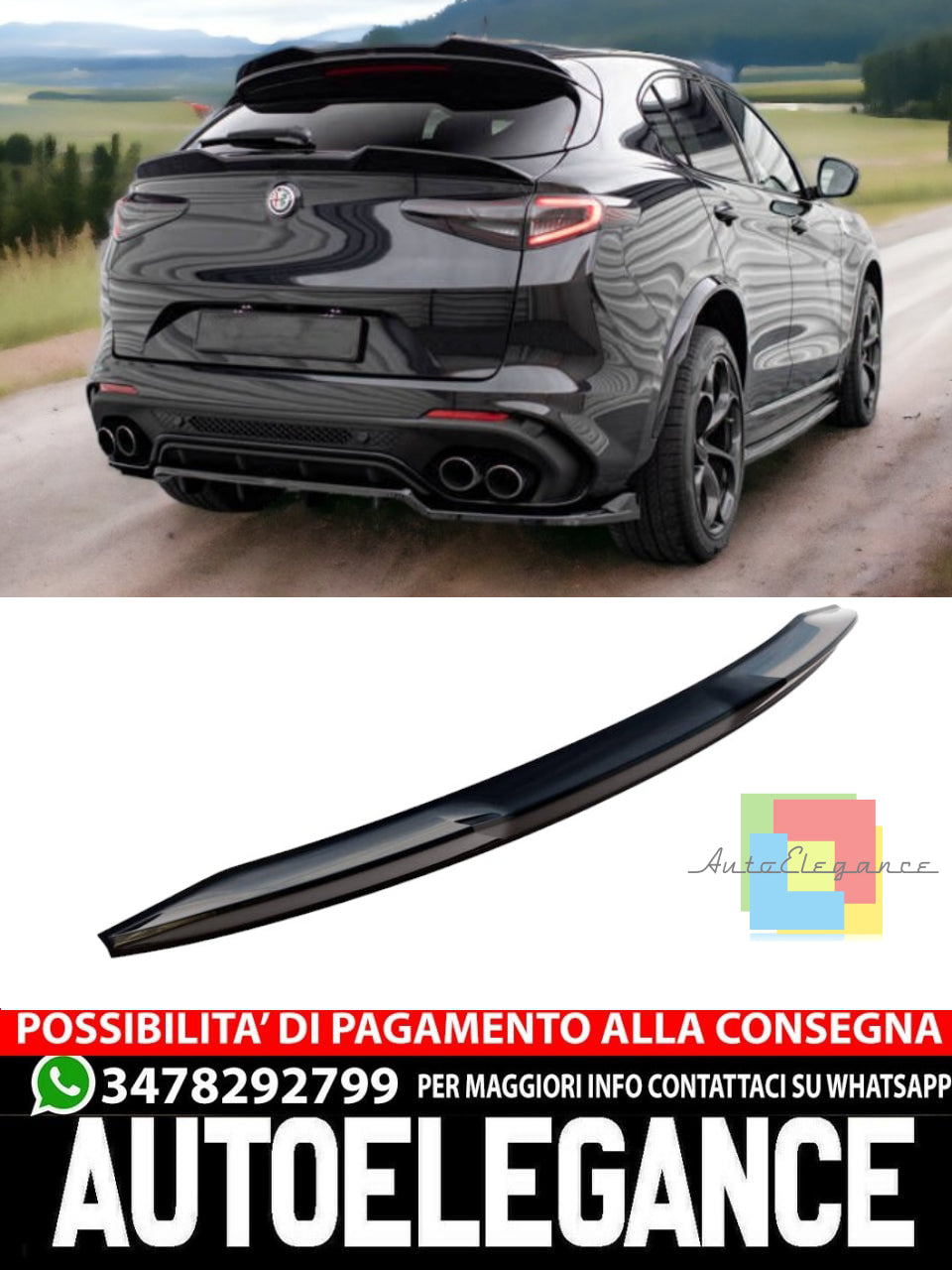 SPOILER COFANO ADATTA A ALFA ROMEO STELVIO SPORTIVO IN ABS NERO LUCIDO VELOCE ..
