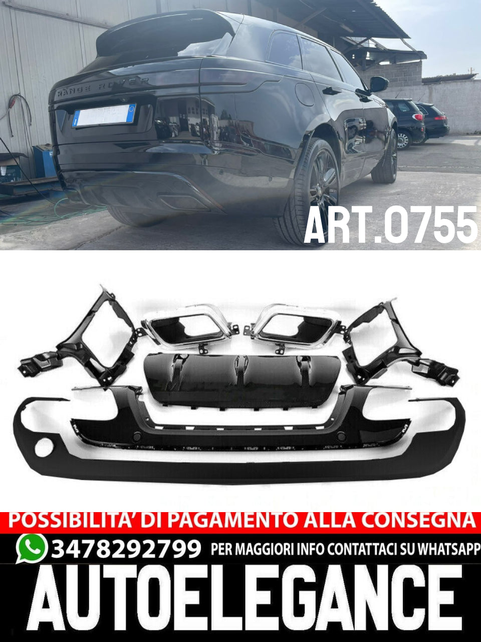 DIFFUSORE NERO POSTERIORE ABS TERMINALI INOX CROMATO PER RANGE ROVER VELAR