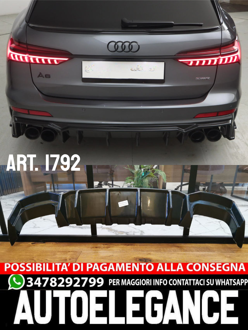 DIFFUSORE ADATTO PER AUDI A6 C8 2018+ SLINE S6 NERO LUCIDO