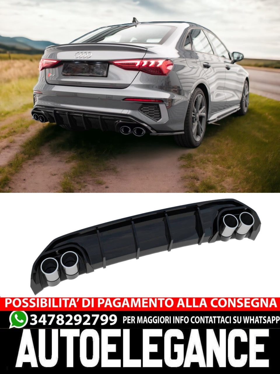 DIFFUSORE POSTERIORE + TERMINALI DI SCARICO ADATTO PER AUDI A3 S-LINE BERLINA 8Y