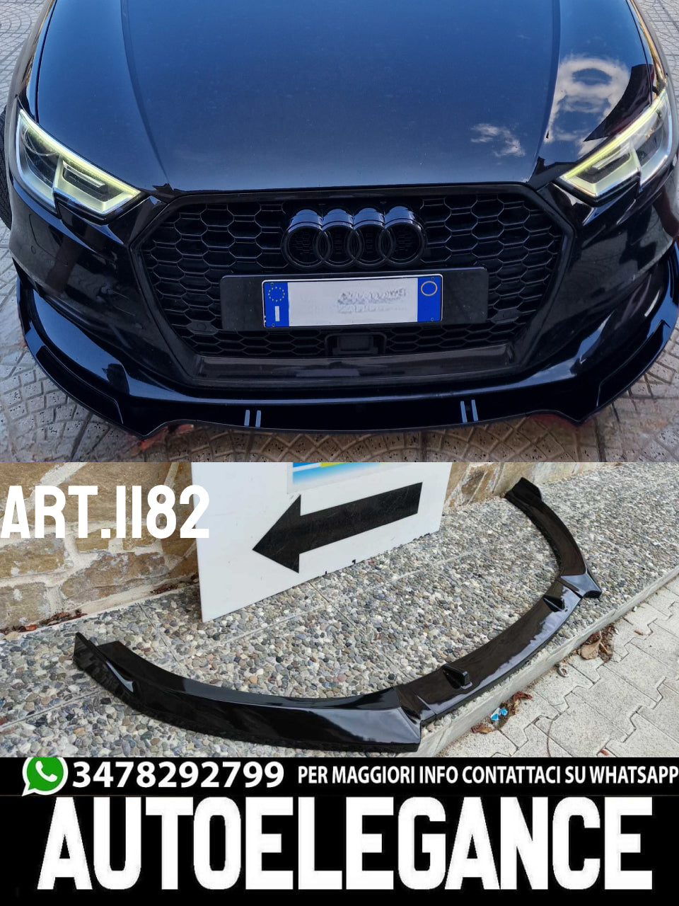 💎UNDER BUMPER SPLITTER AUDI A3 8V 2012+ SLINE ABS GLOSSY BLACK SPOILER 3 PIECES 