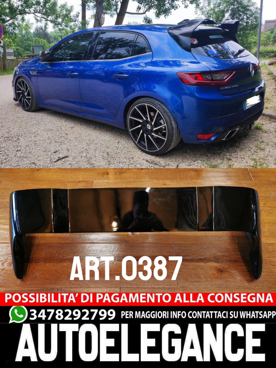 SPOILER TETTO ADATTO PER RENAULT MEGANE 4 IV STANDARD LOOK RS NERO LUCIDO