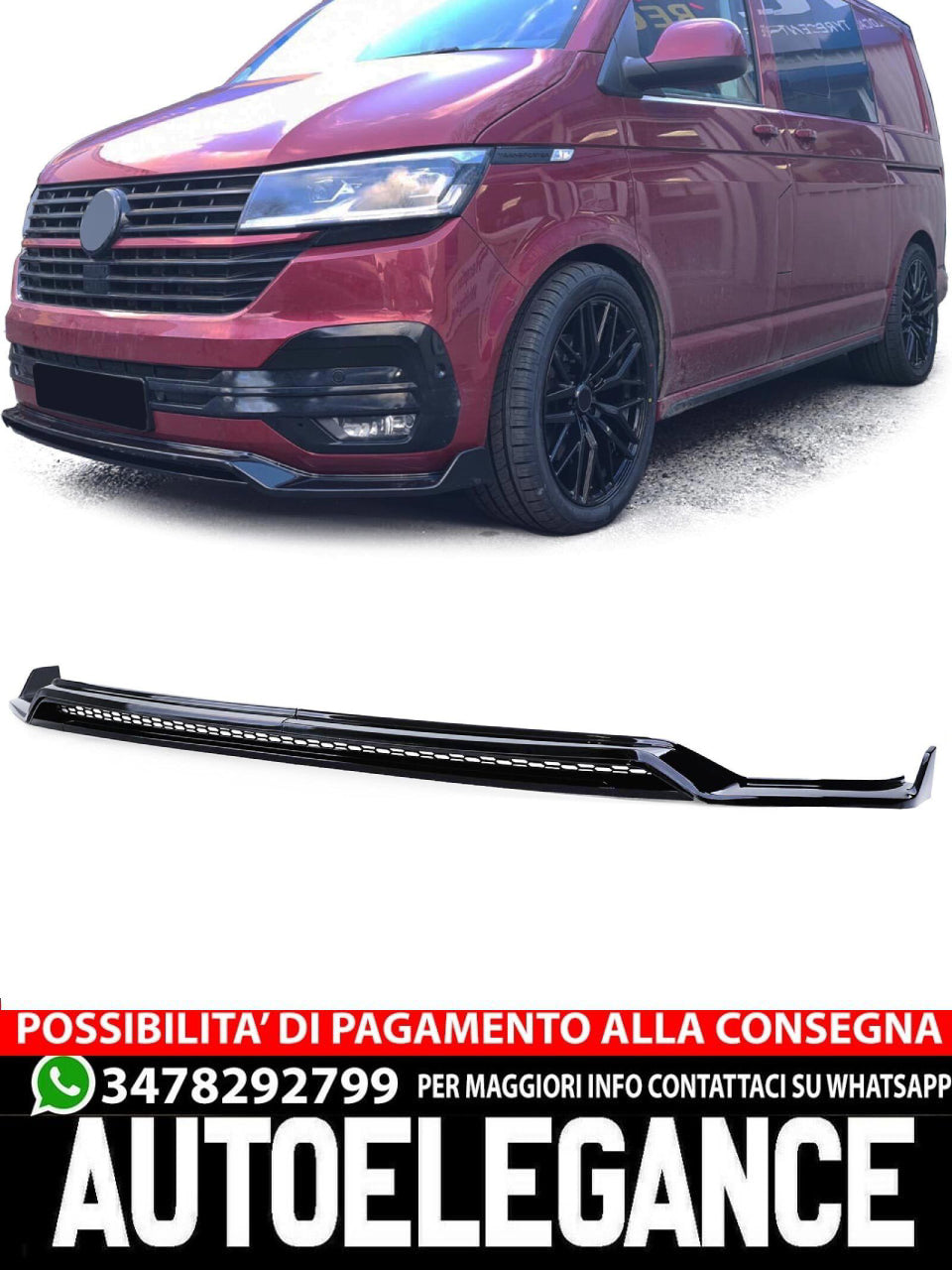Front spoiler lip with splitter and grille in glossy black for VW Bus T6.1 from 19 