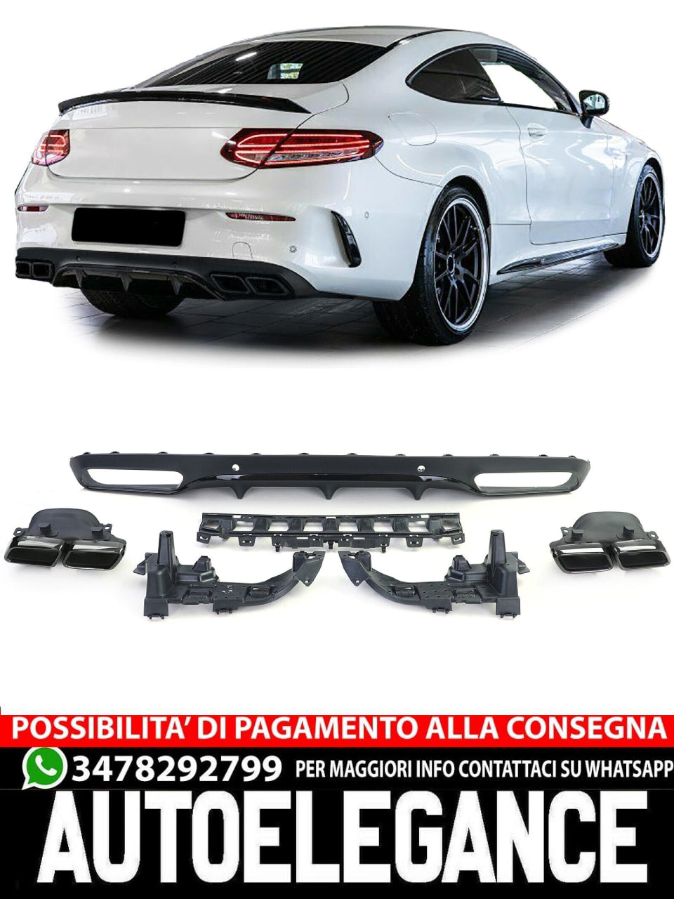 Diffusore posteriore sportivo con terminali di scarico neri per Mercedes C C205 Coupé