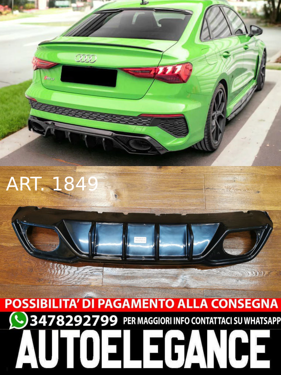 DIFFUSER SUITABLE FOR AUDI A3 8Y SEDAN RS3 LOOK TUNING GLOSSY BLACK 